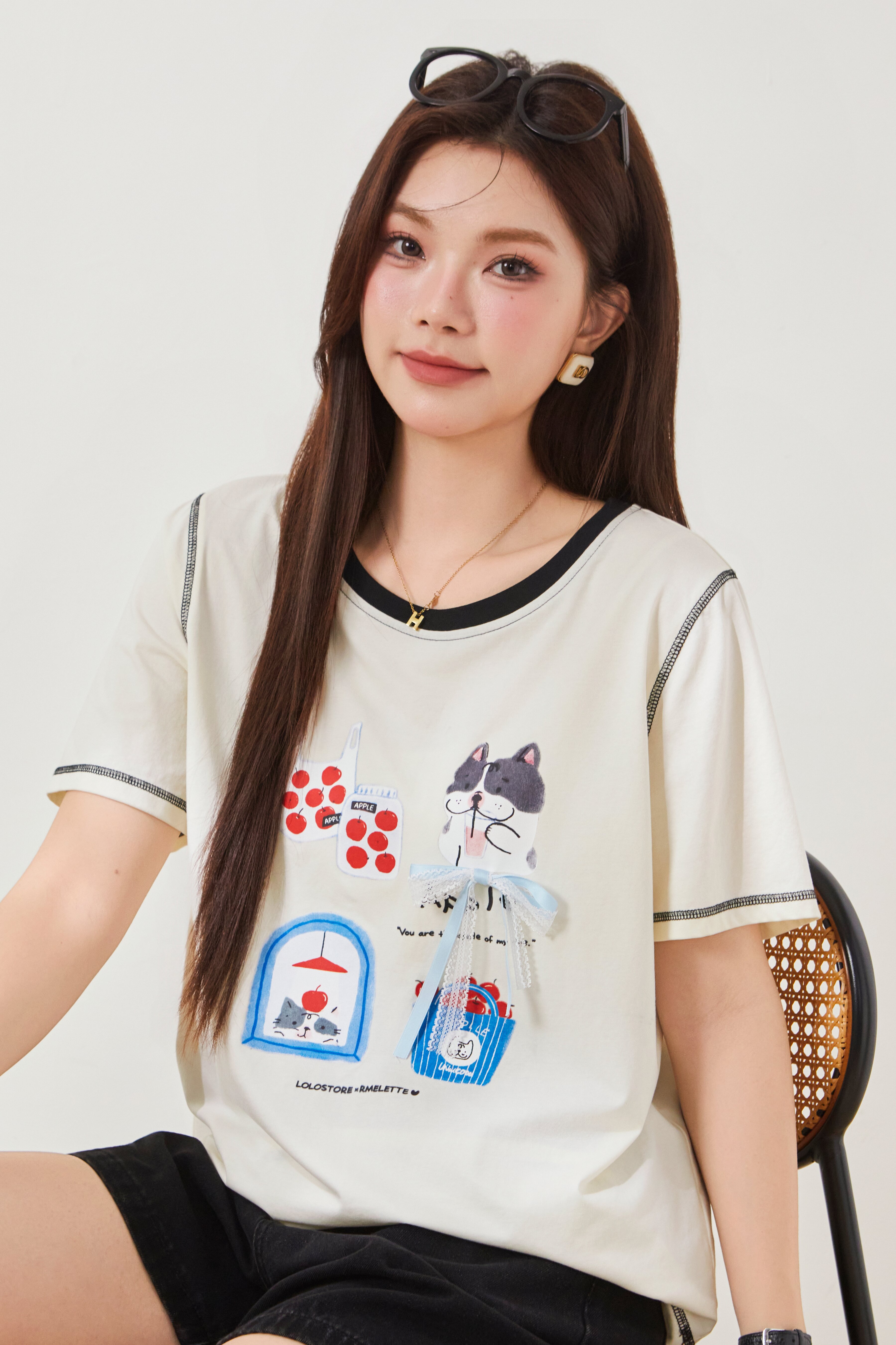 Cartoon Print Contrast Color Knit T-Shirt FXZ7071
