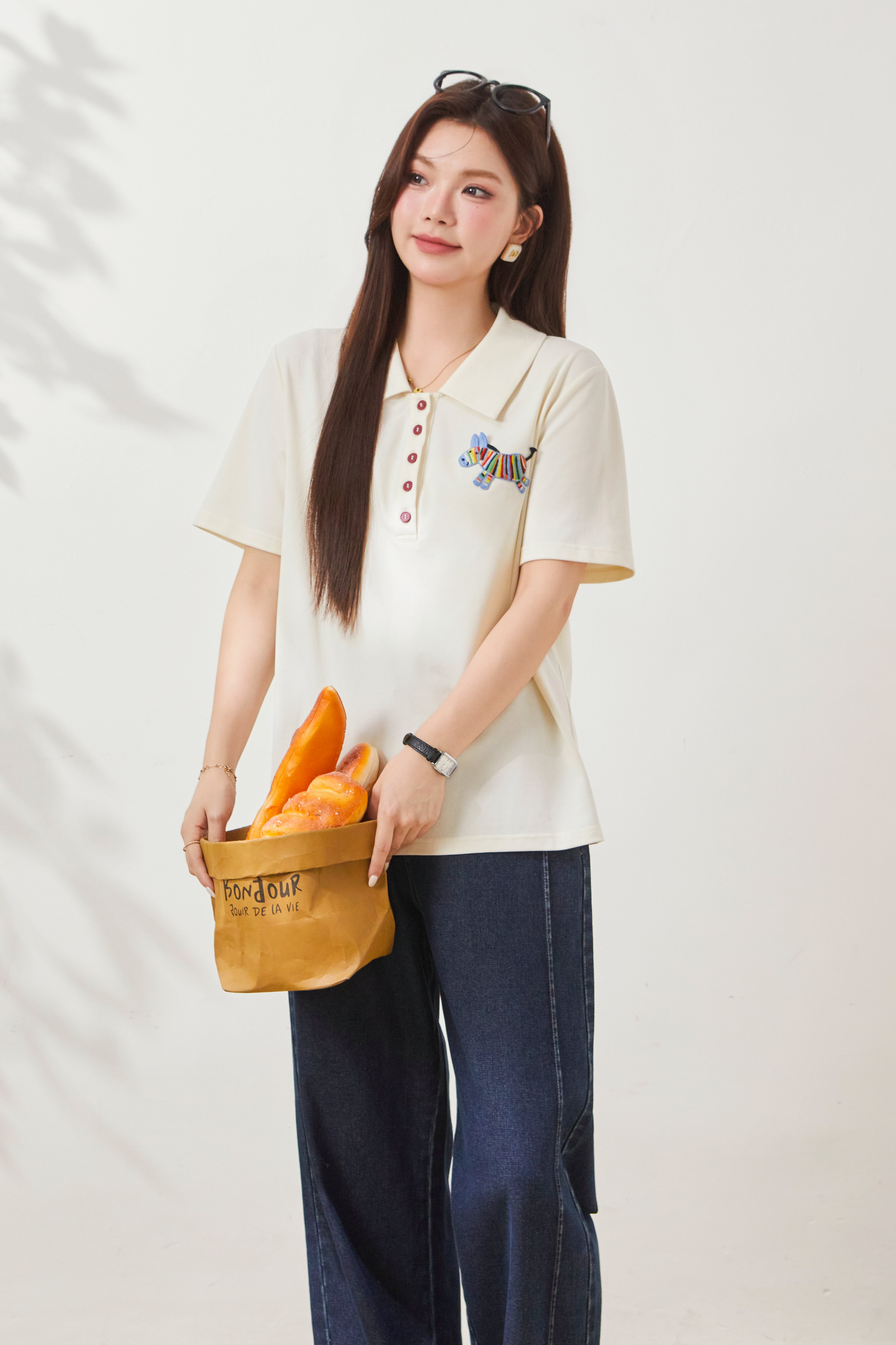 POLO collar short-sleeve T-shirt with horse embroidery FXZ7066