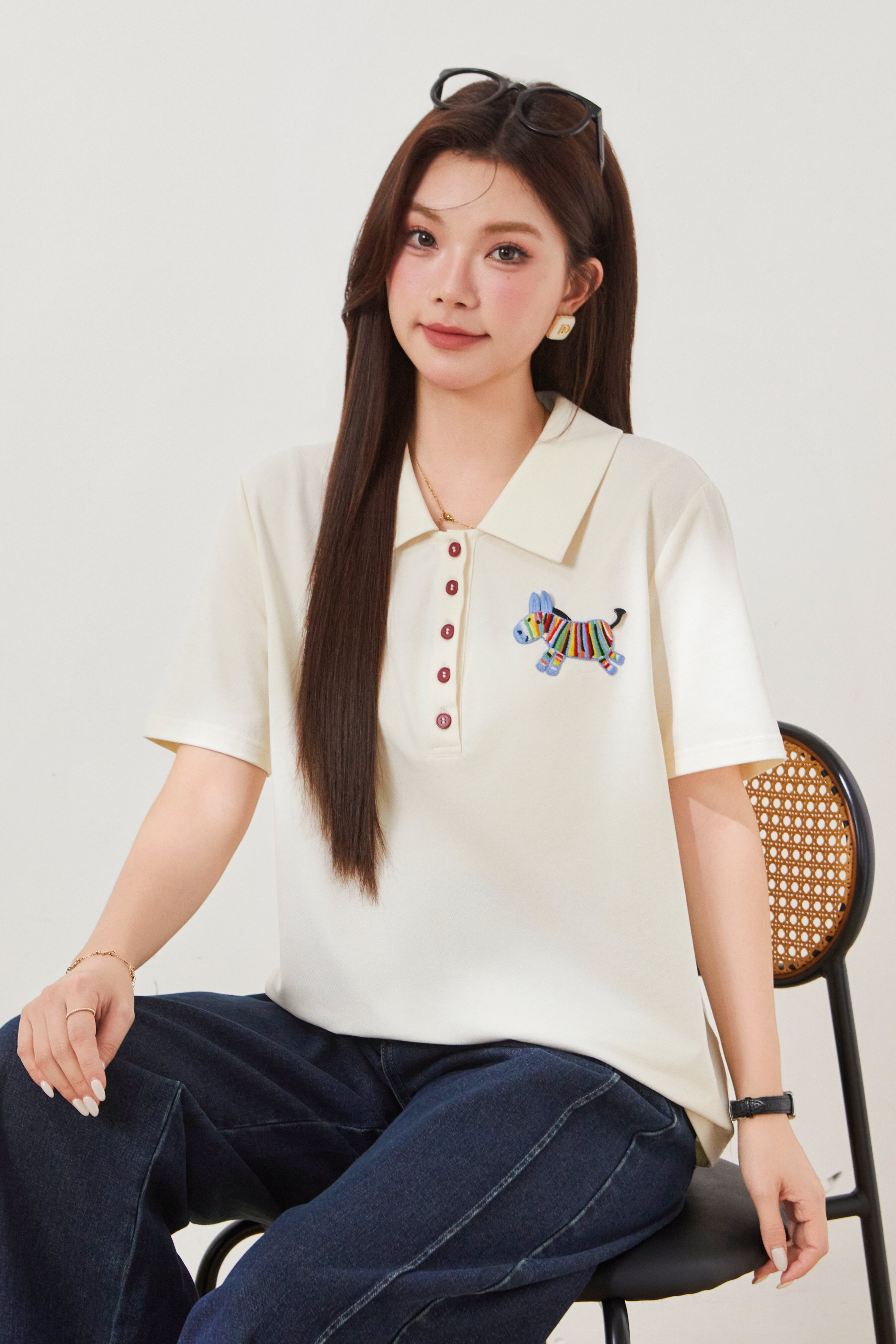 POLO collar short-sleeve T-shirt with horse embroidery FXZ7066