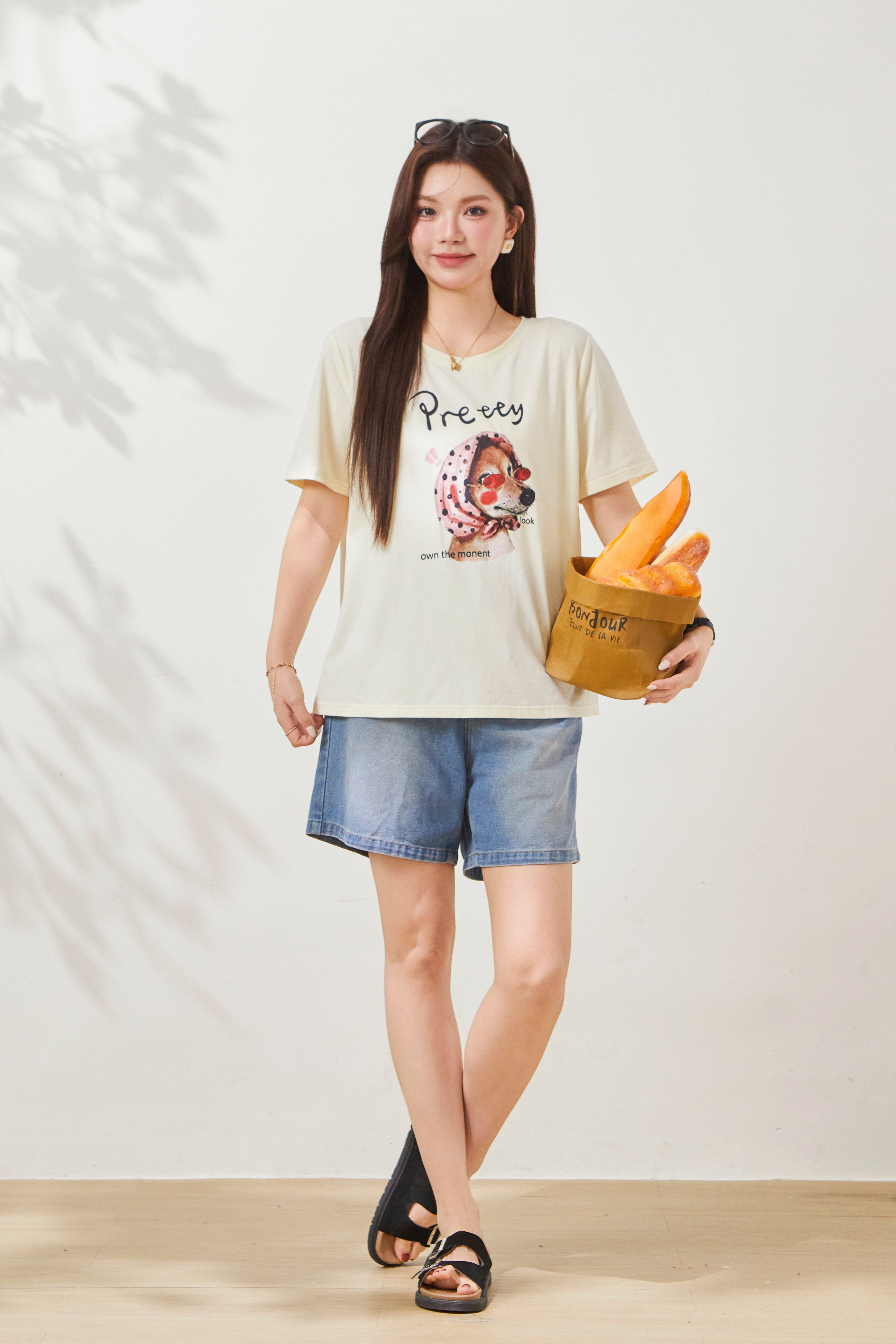 Round-neck sketch puppy print top FXZ7031