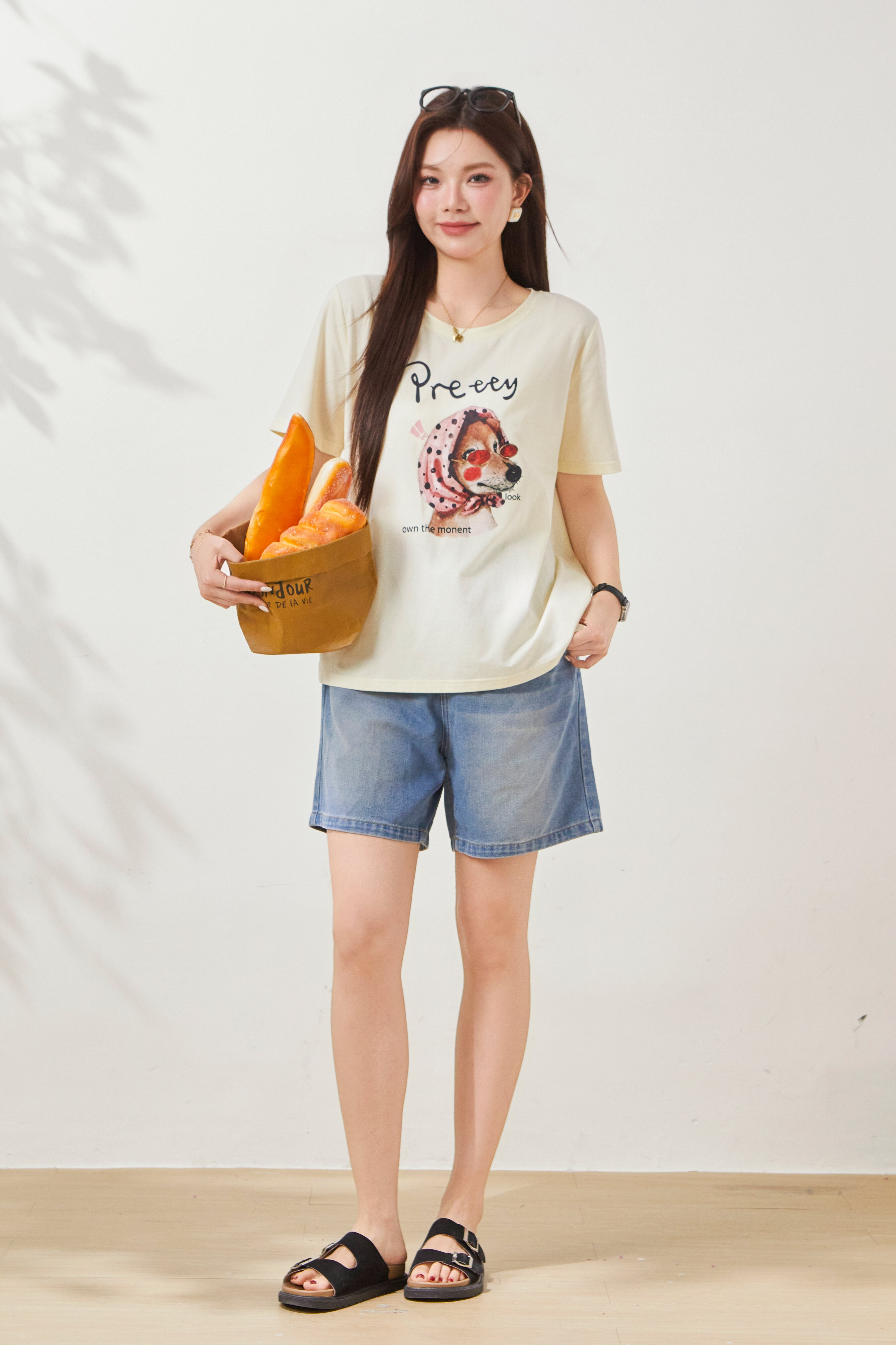 Round-neck sketch puppy print top FXZ7031