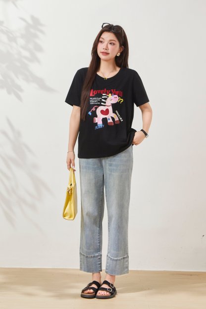 Cartoon Age Reducing Boutique Embroidered Printed T-shirt FXZ8050