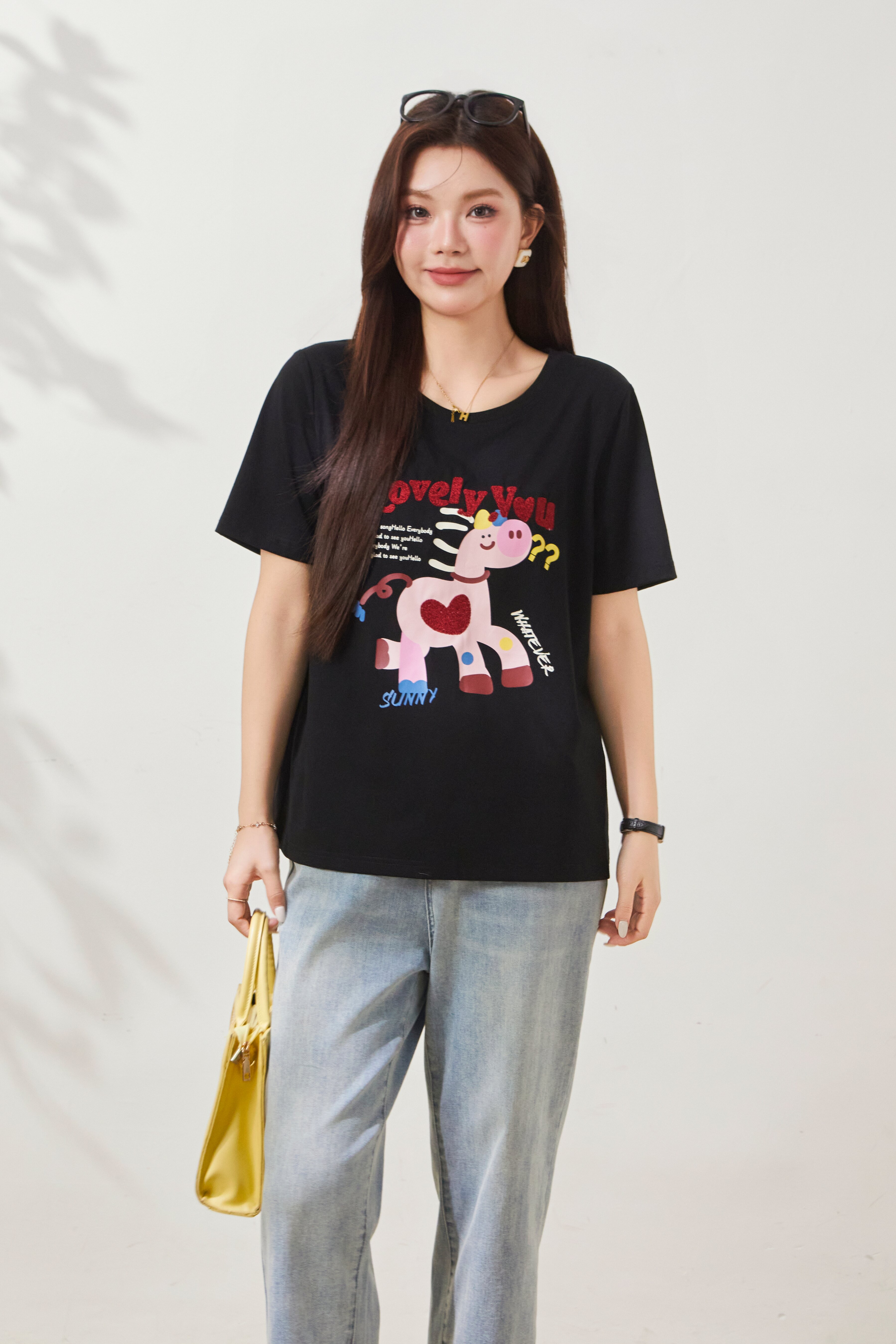 Cartoon Age Reducing Boutique Embroidered Printed T-shirt FXZ8050