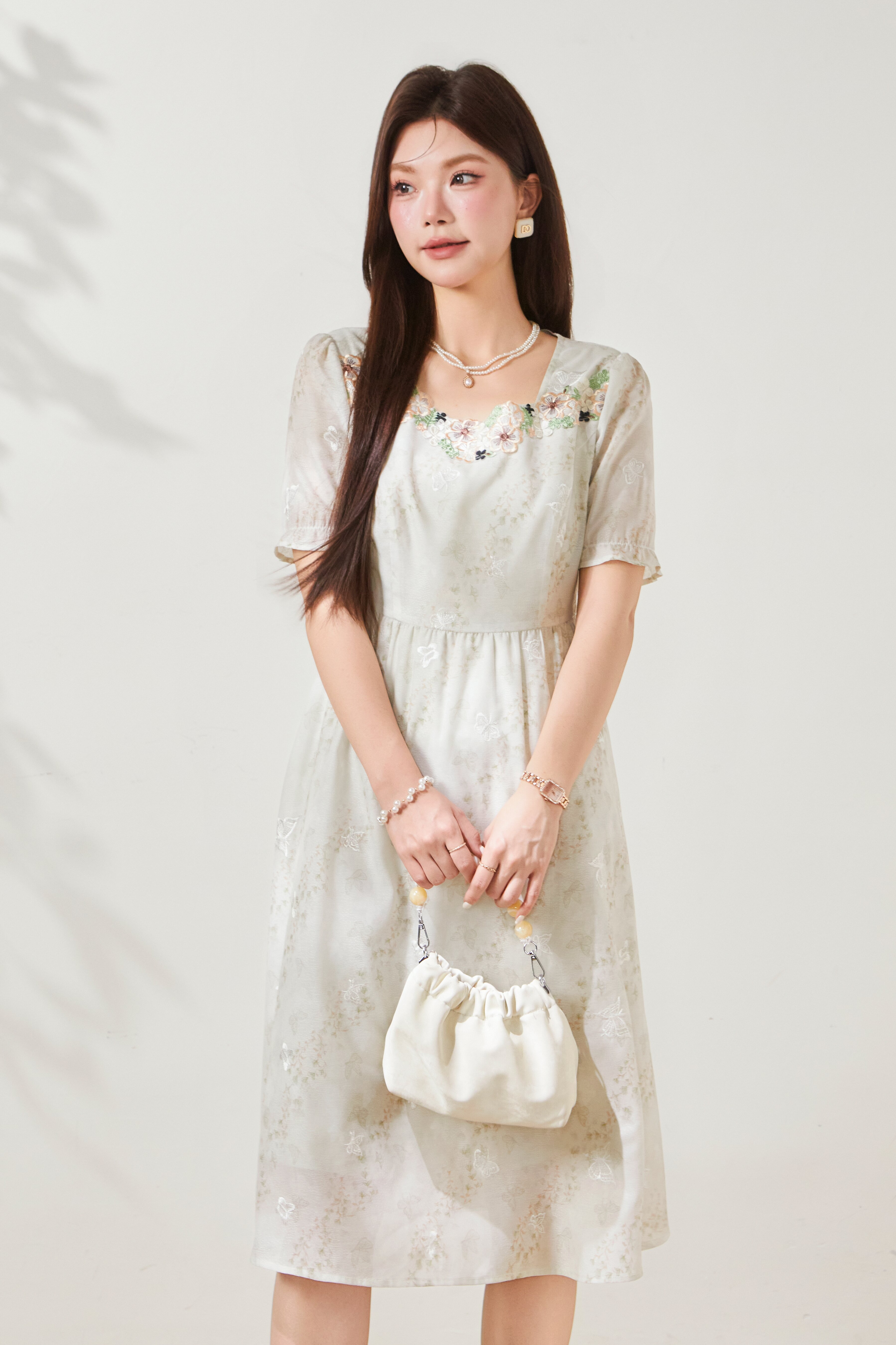 Vacation style square collar floral waist cinching dress FXQ7098