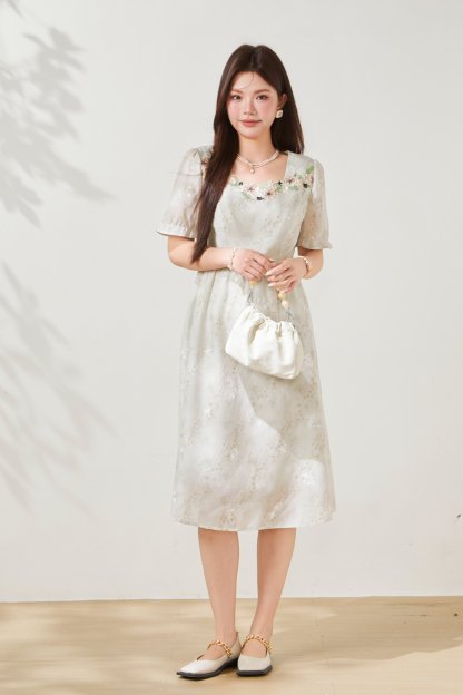 Vacation style square collar floral waist cinching dress FXQ7098