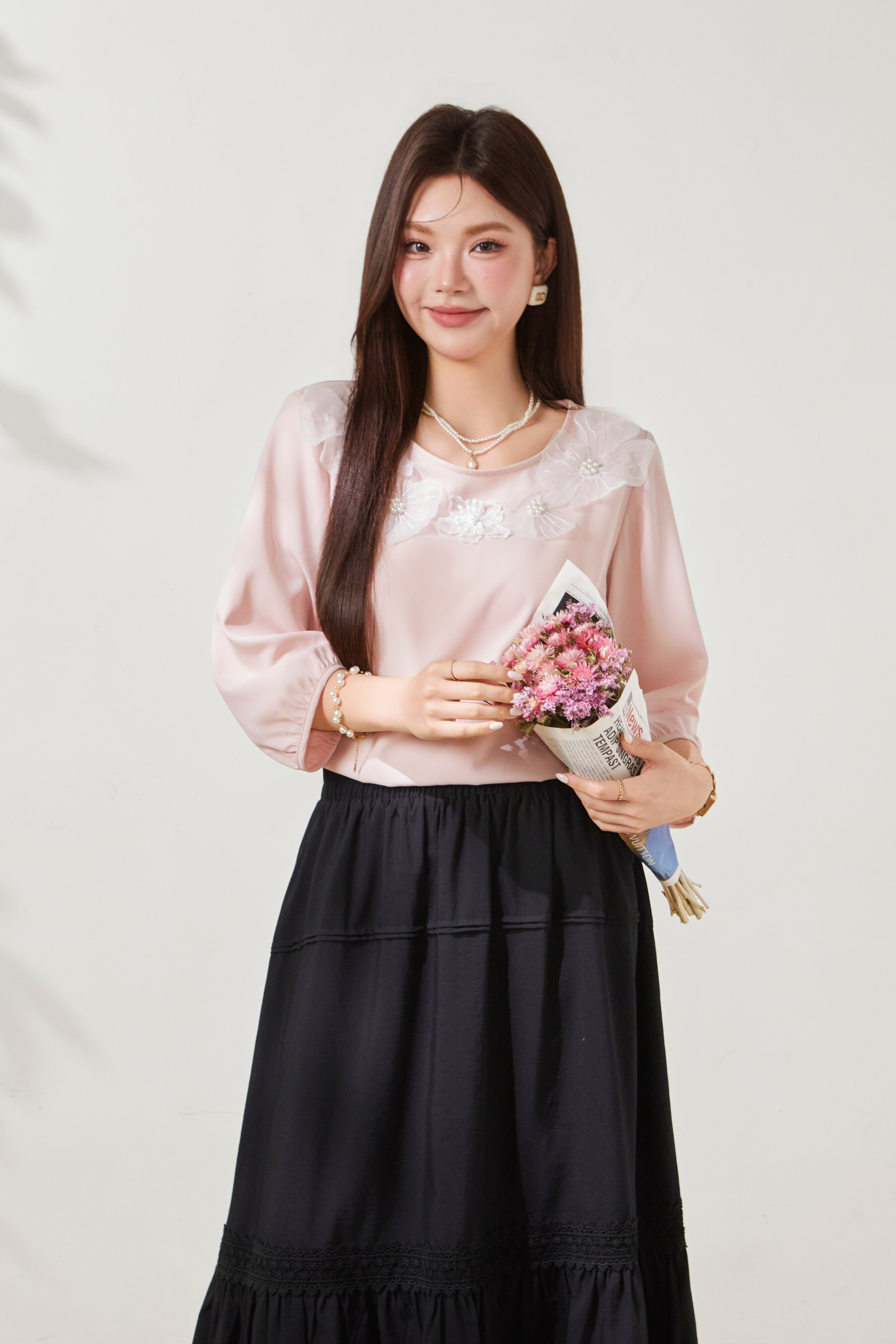 Heavy Beaded Petal Long Sleeve Blouse FCA6993