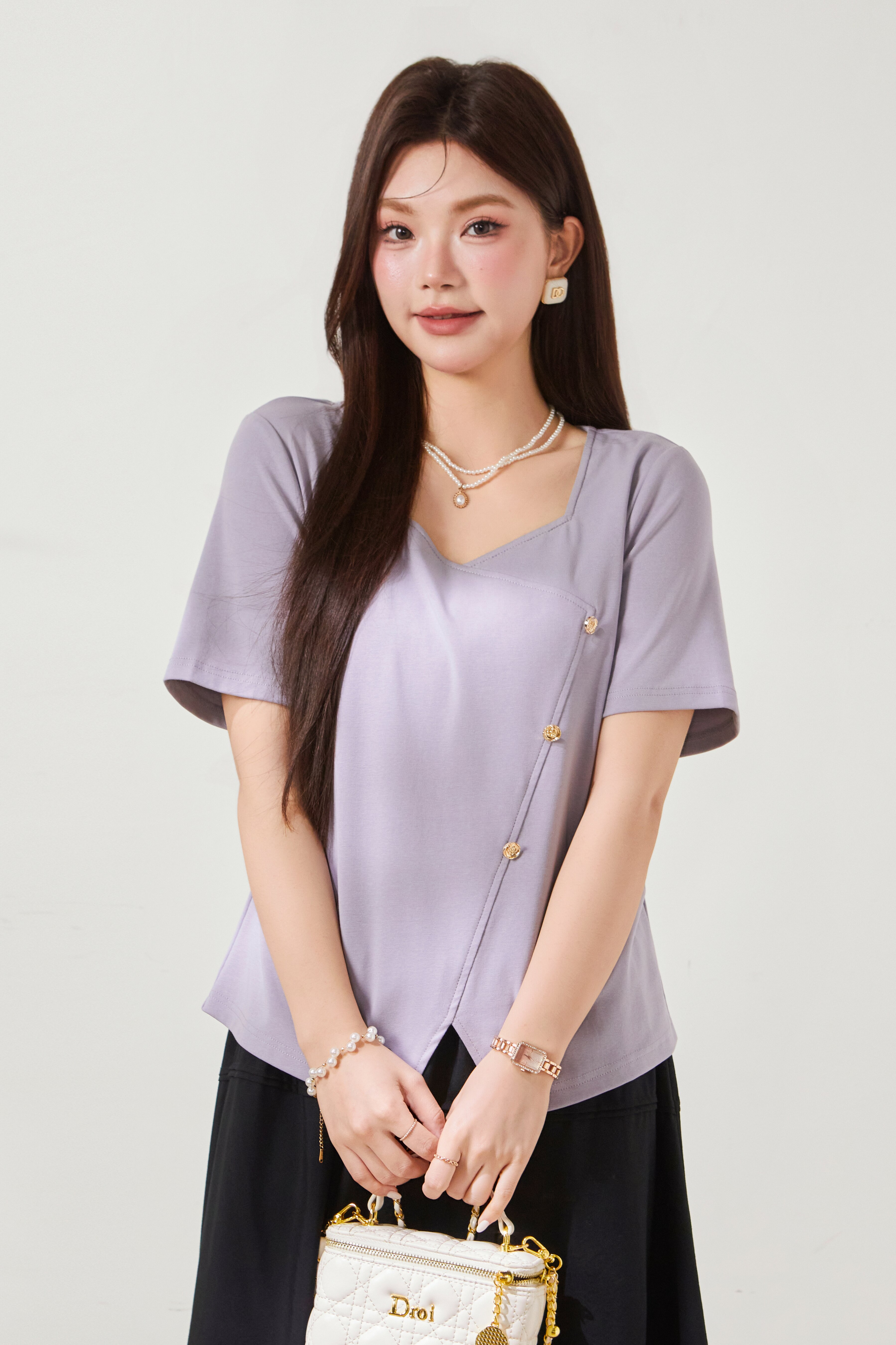 V-neck irregular design knitted T-shirt FXZ8015