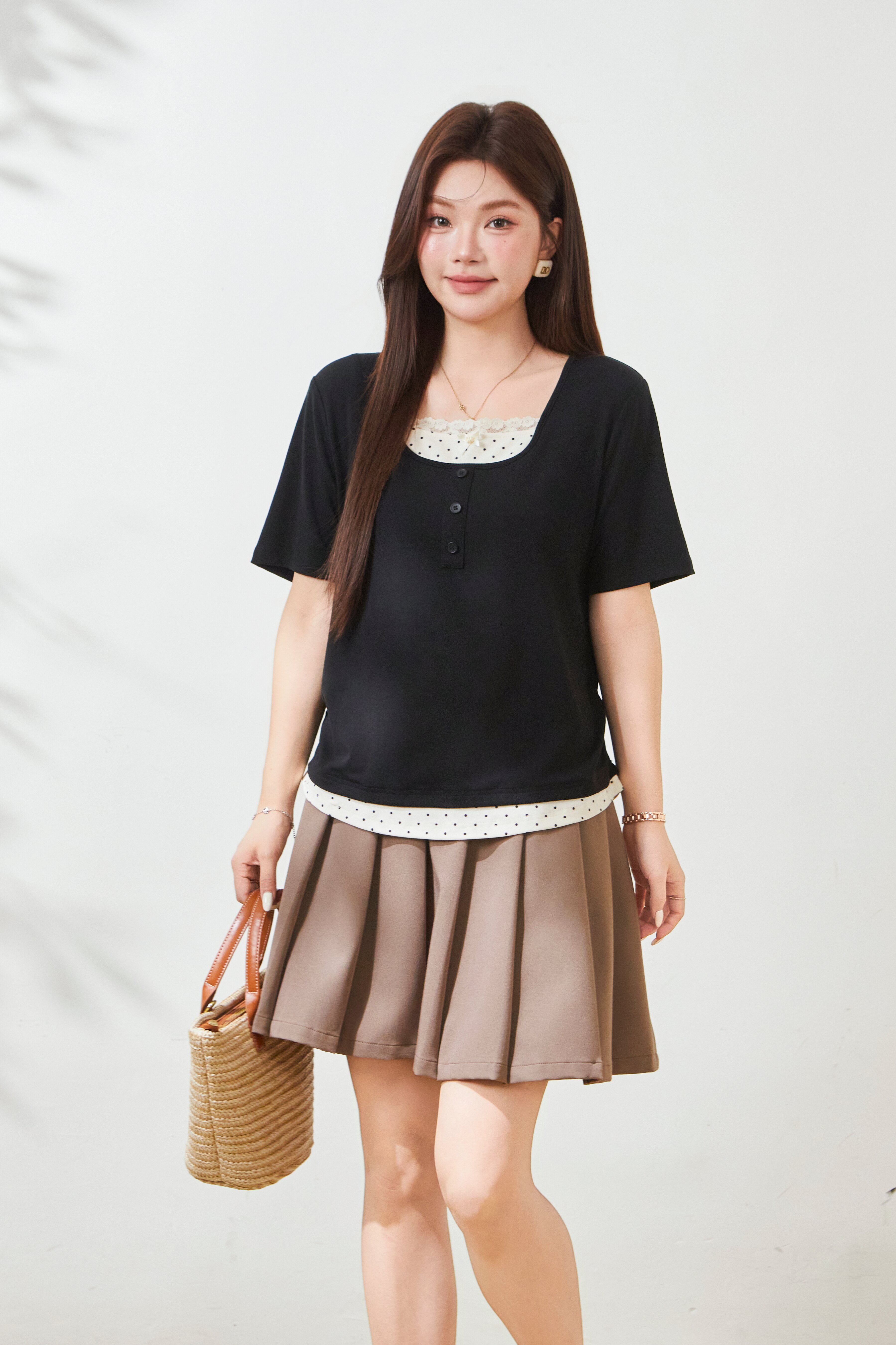 Color blocking splicing fake two-piece waist cinching T-shirt FXZ8075