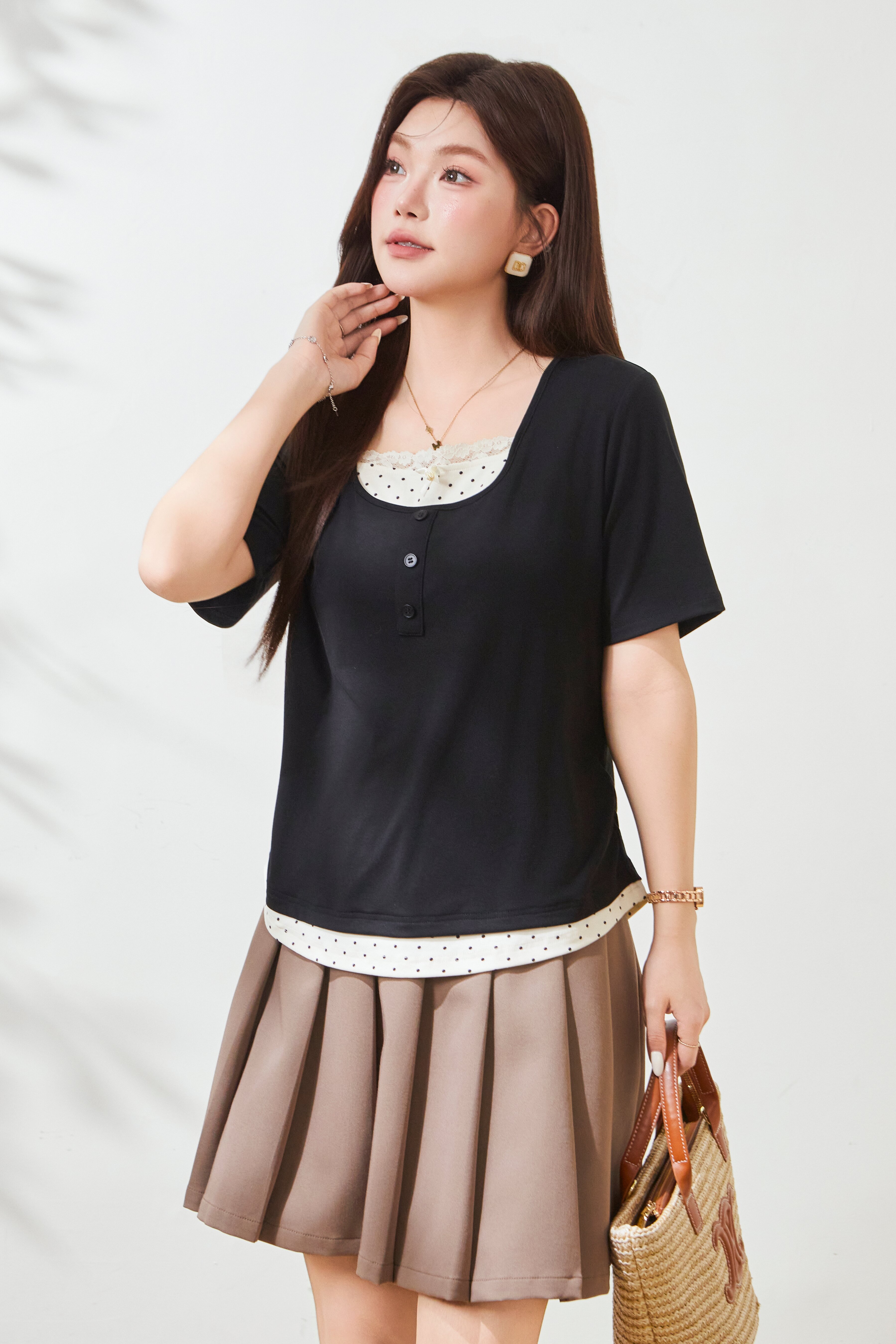 Color blocking splicing fake two-piece waist cinching T-shirt FXZ8075