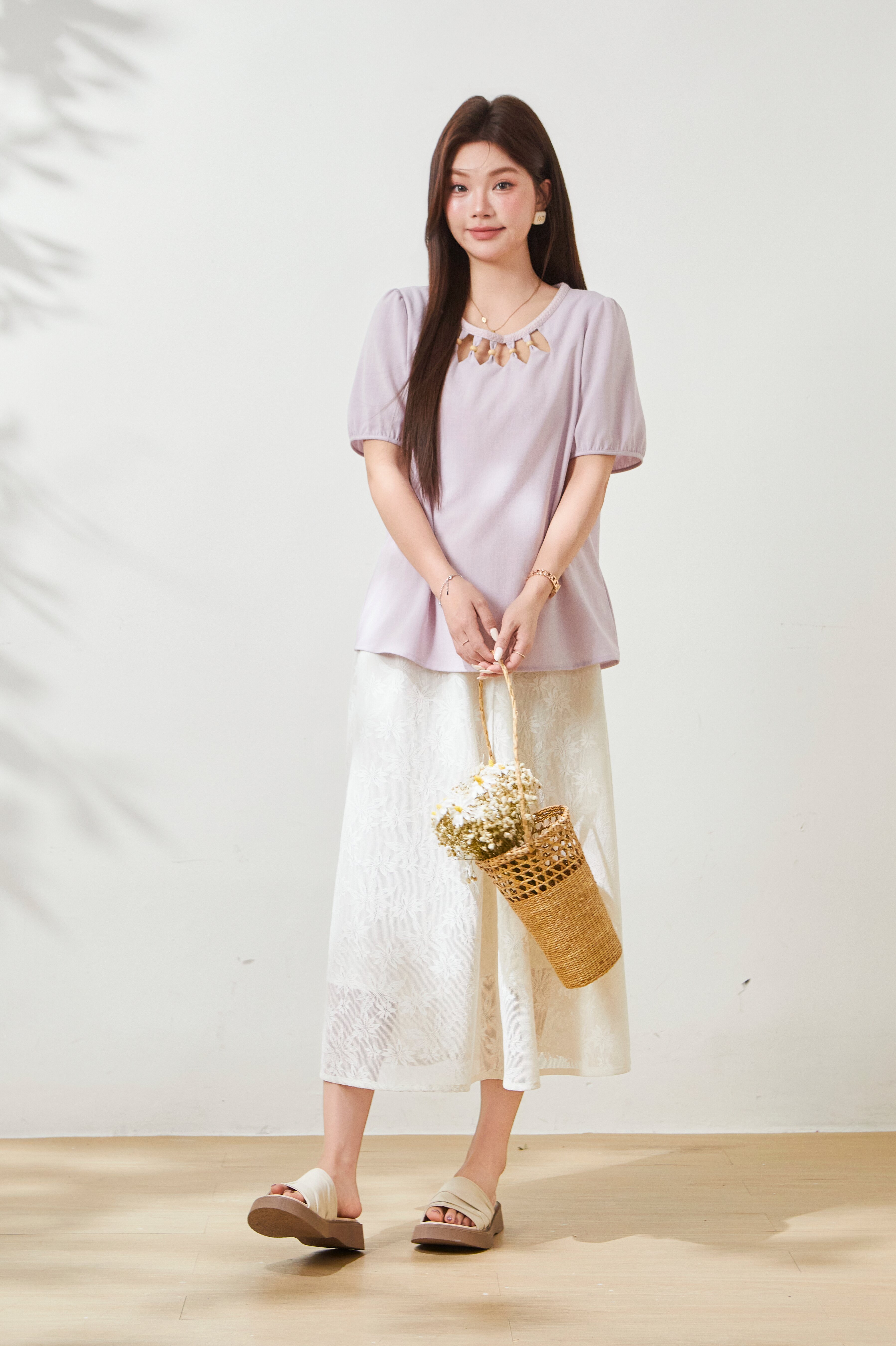 Hollow out round neck woven bubble sleeve shirt FXA8088