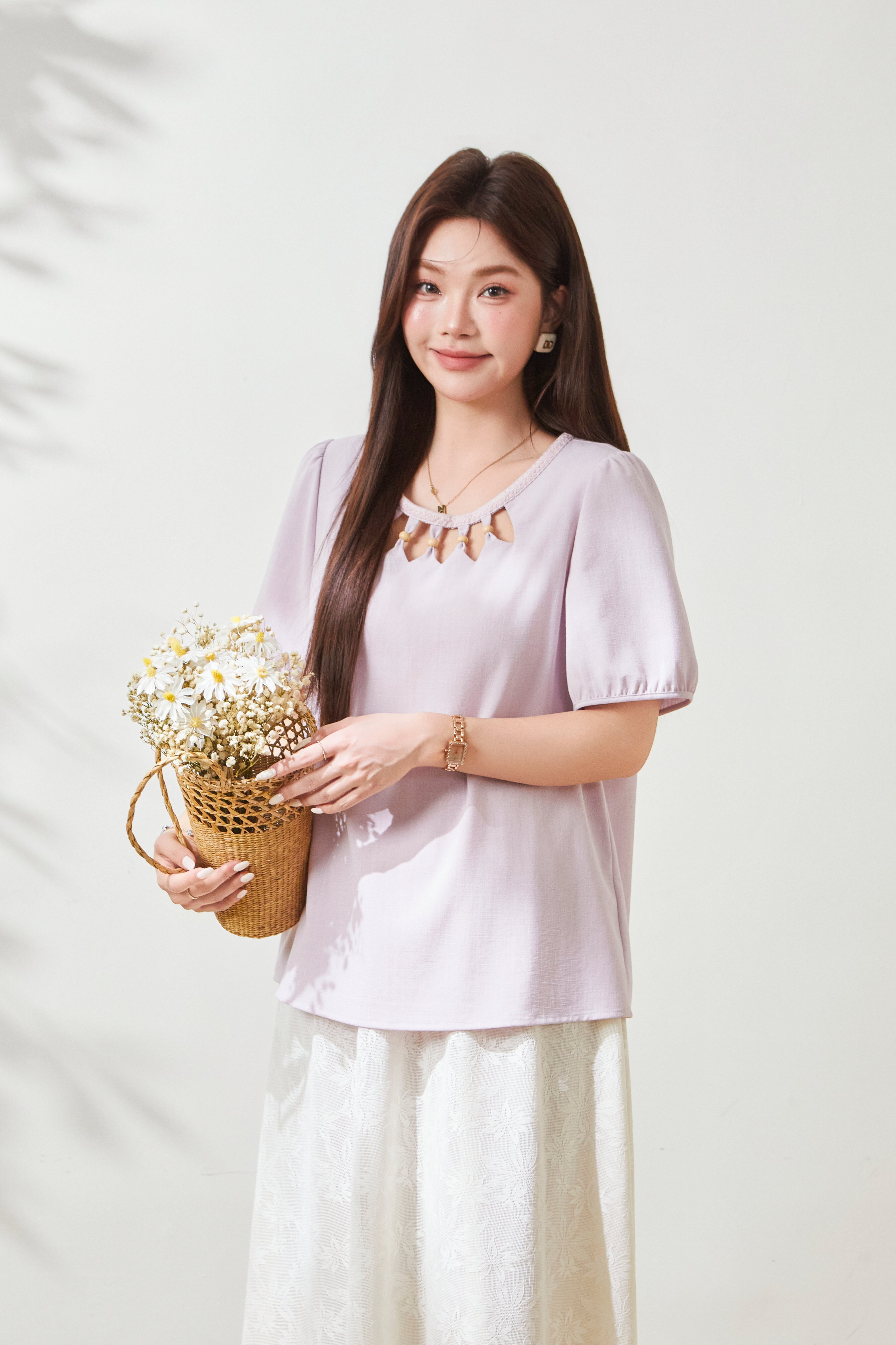 Hollow out round neck woven bubble sleeve shirt FXA8088