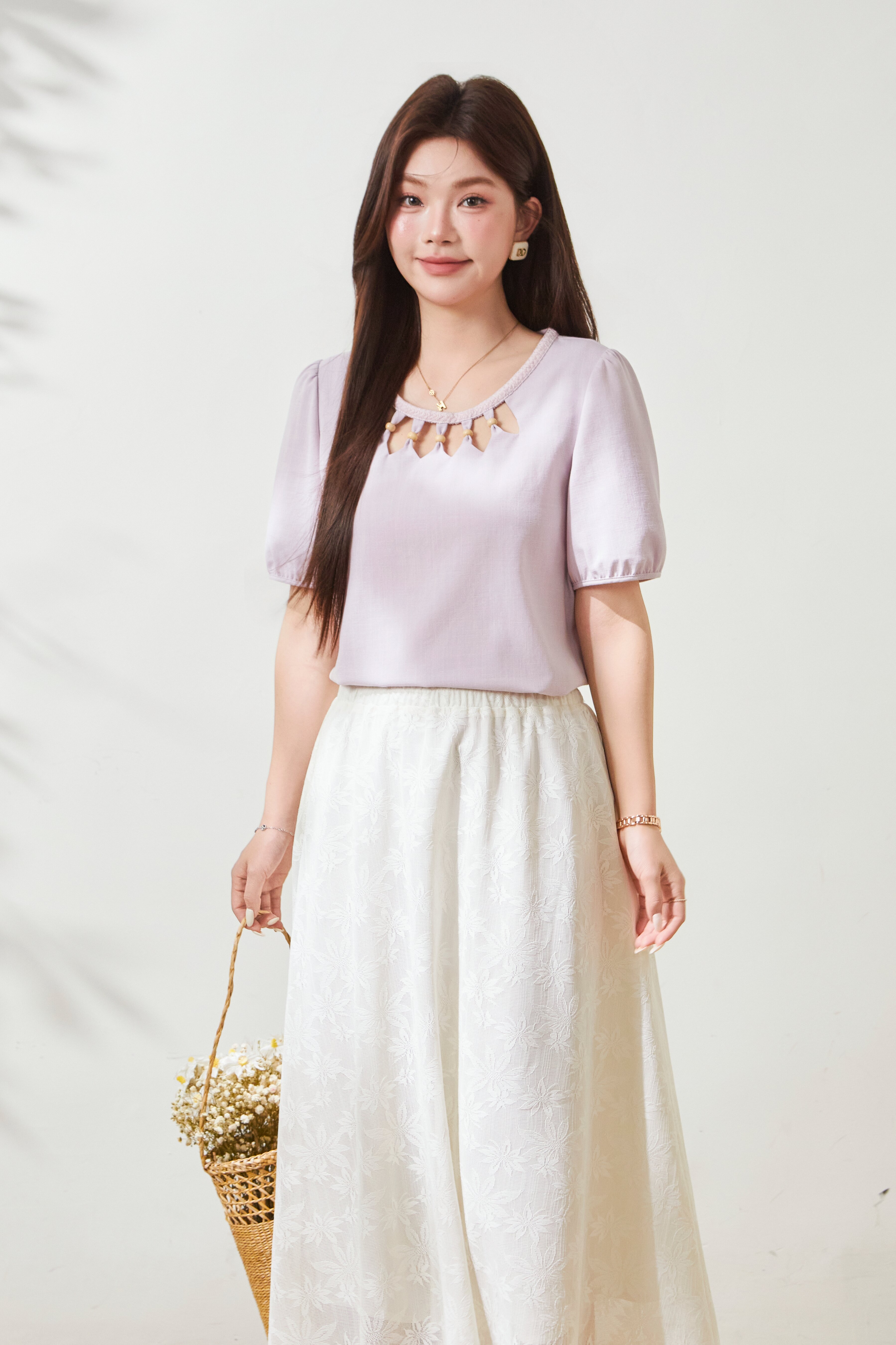 Hollow out round neck woven bubble sleeve shirt FXA8088