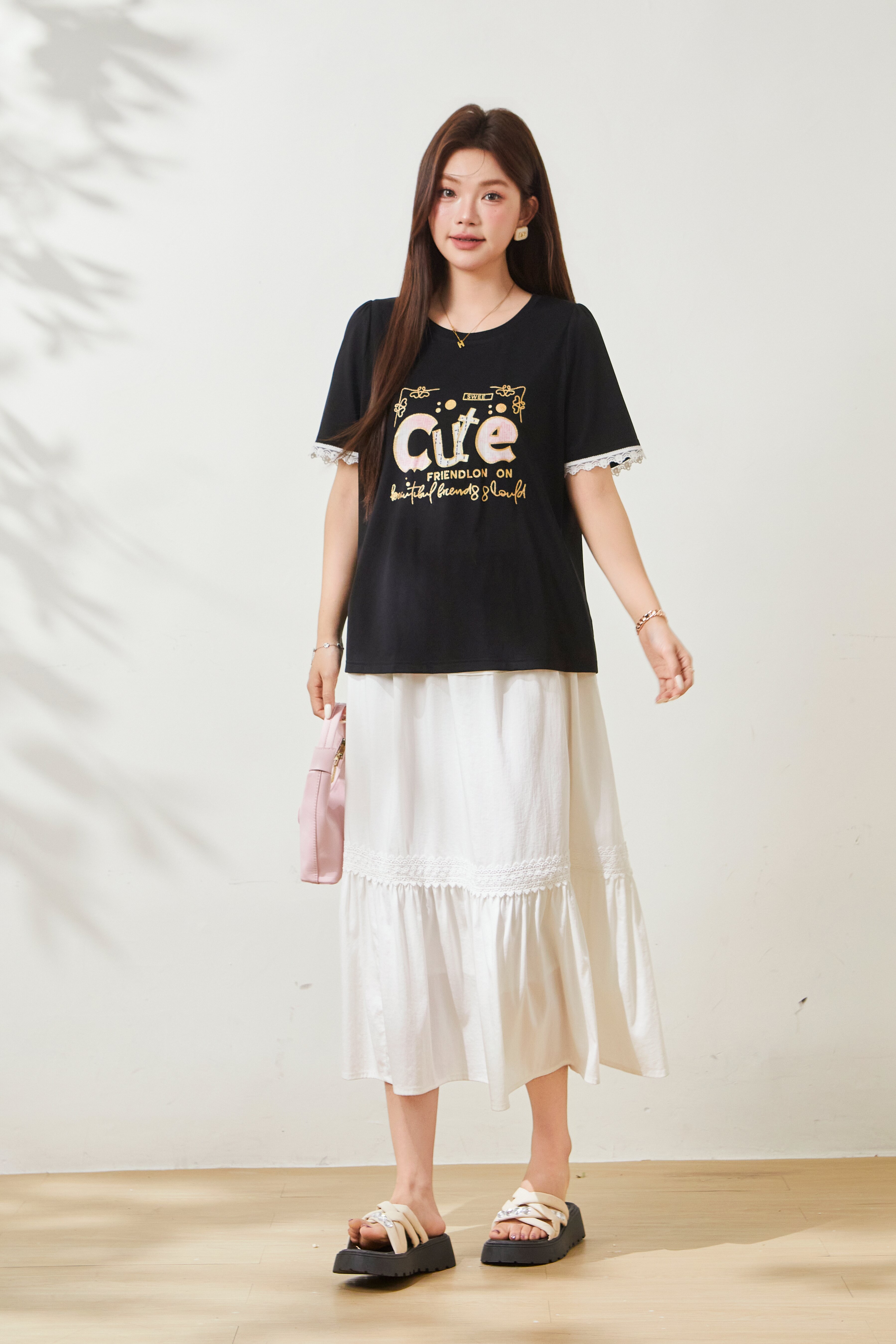 Round neck letter printed lace ruffle sleeve T-shirt FXZ8087