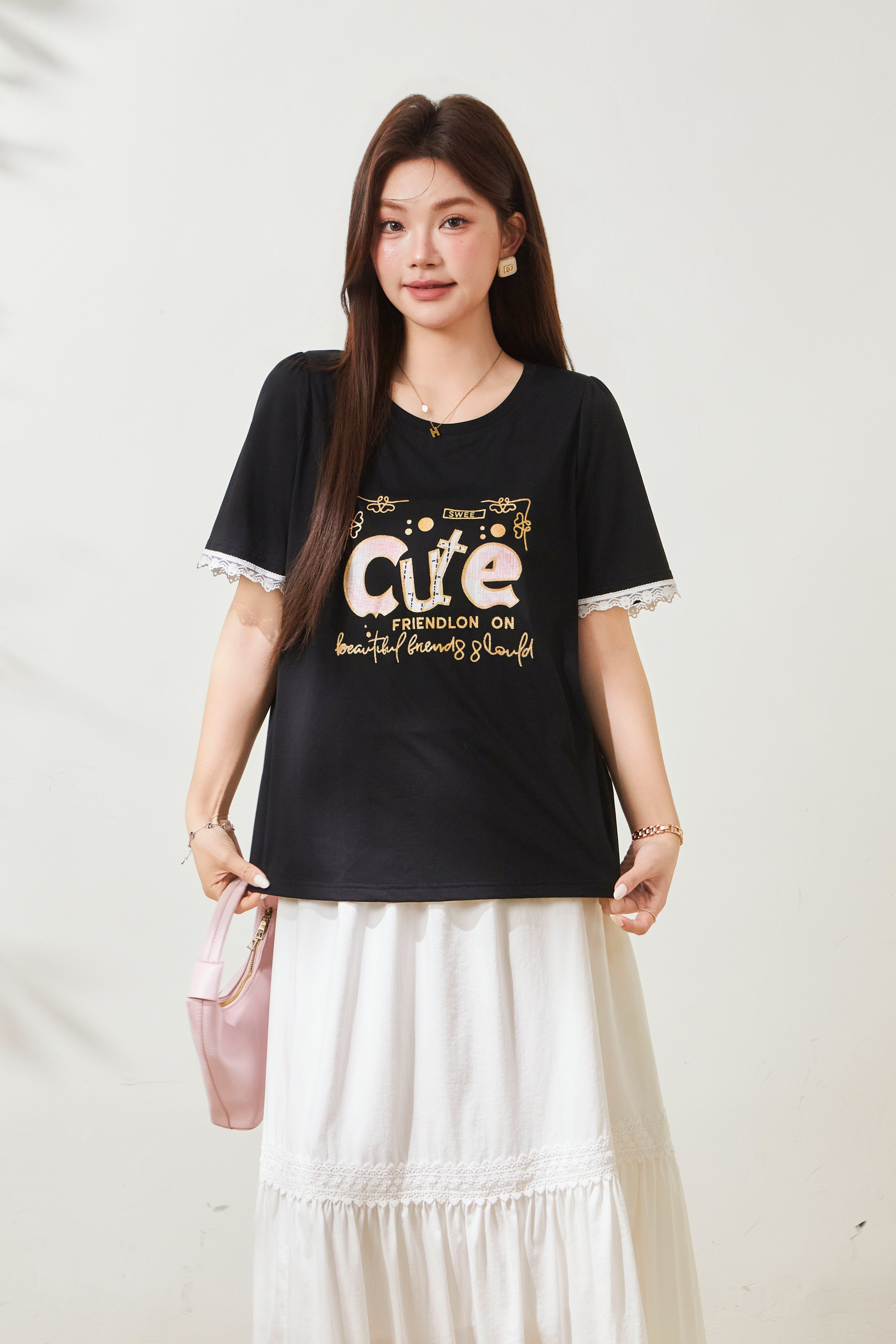 Round neck letter printed lace ruffle sleeve T-shirt FXZ8087