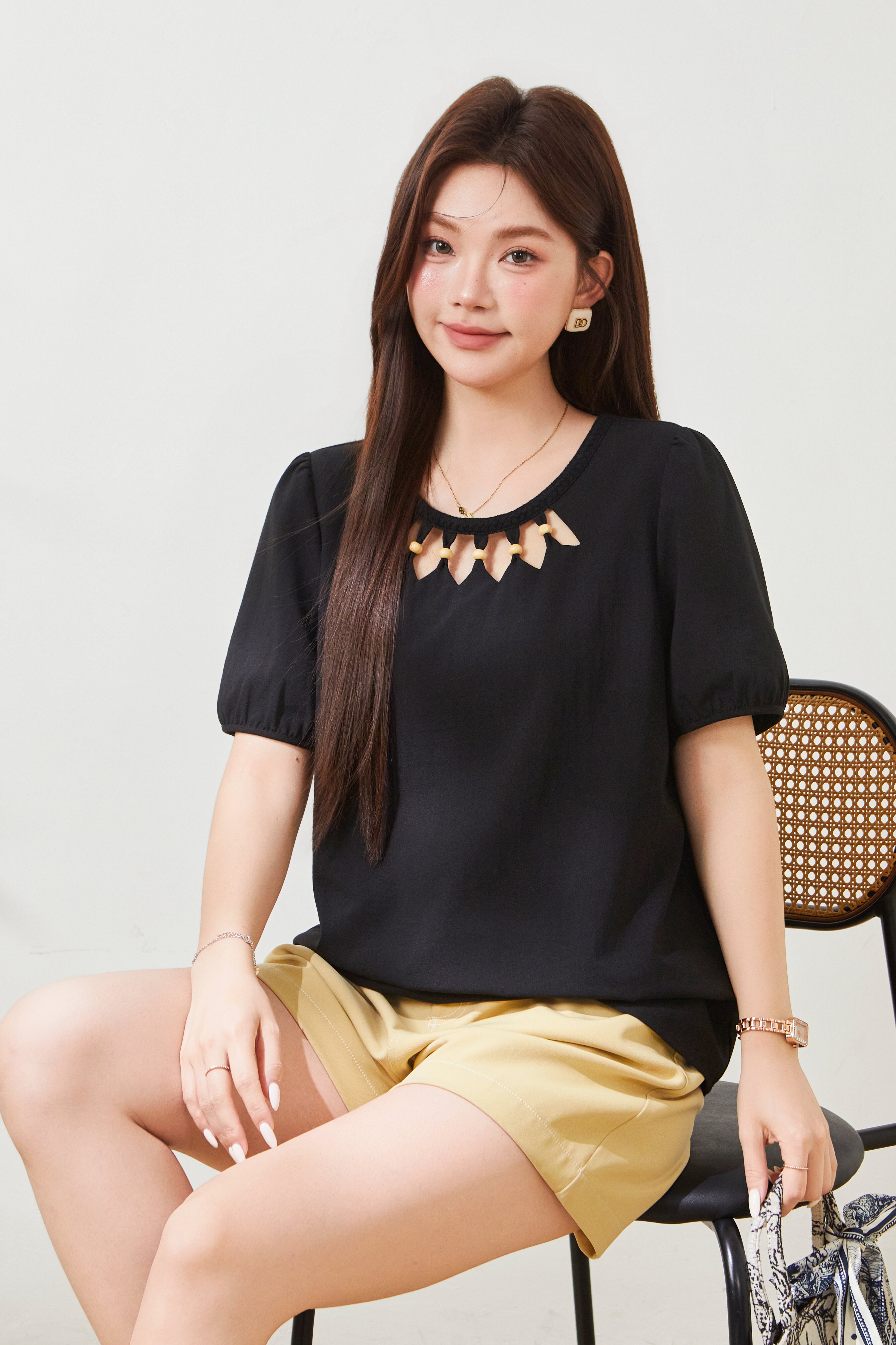 Hollow out round neck woven bubble sleeve shirt FXA8088
