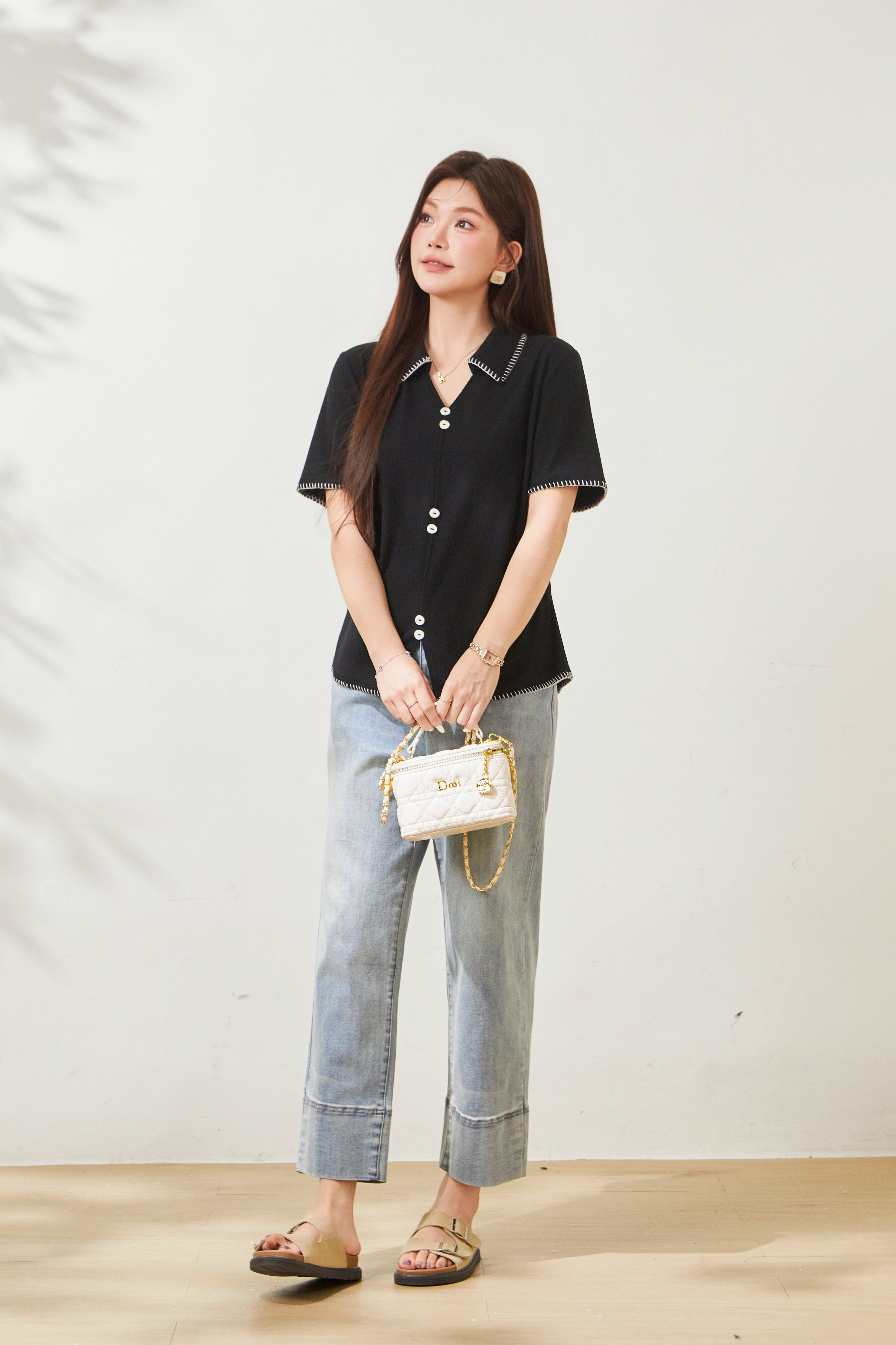 Texture inspired lapel contrasting polo shirt FXZ8052