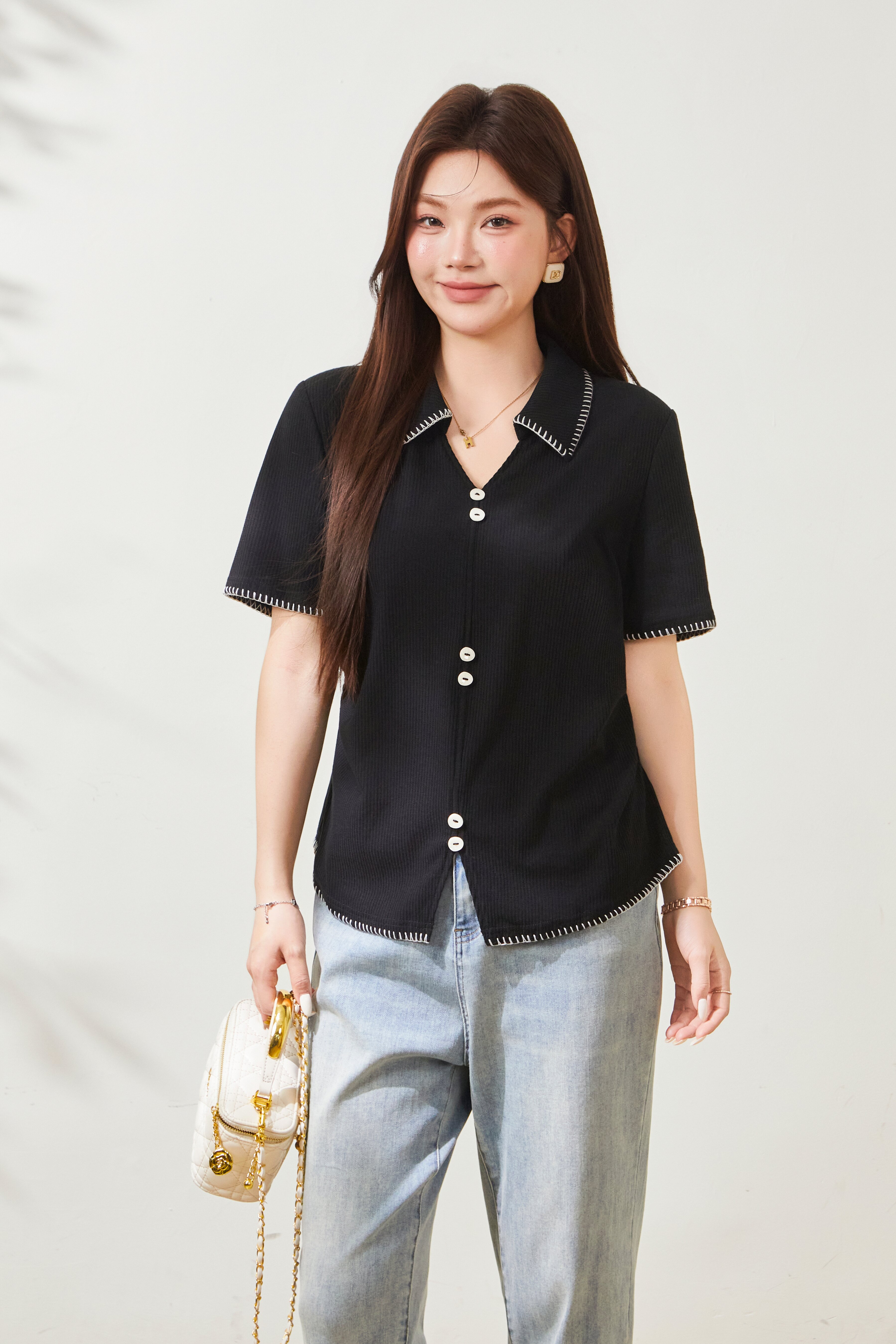 Texture inspired lapel contrasting polo shirt FXZ8052