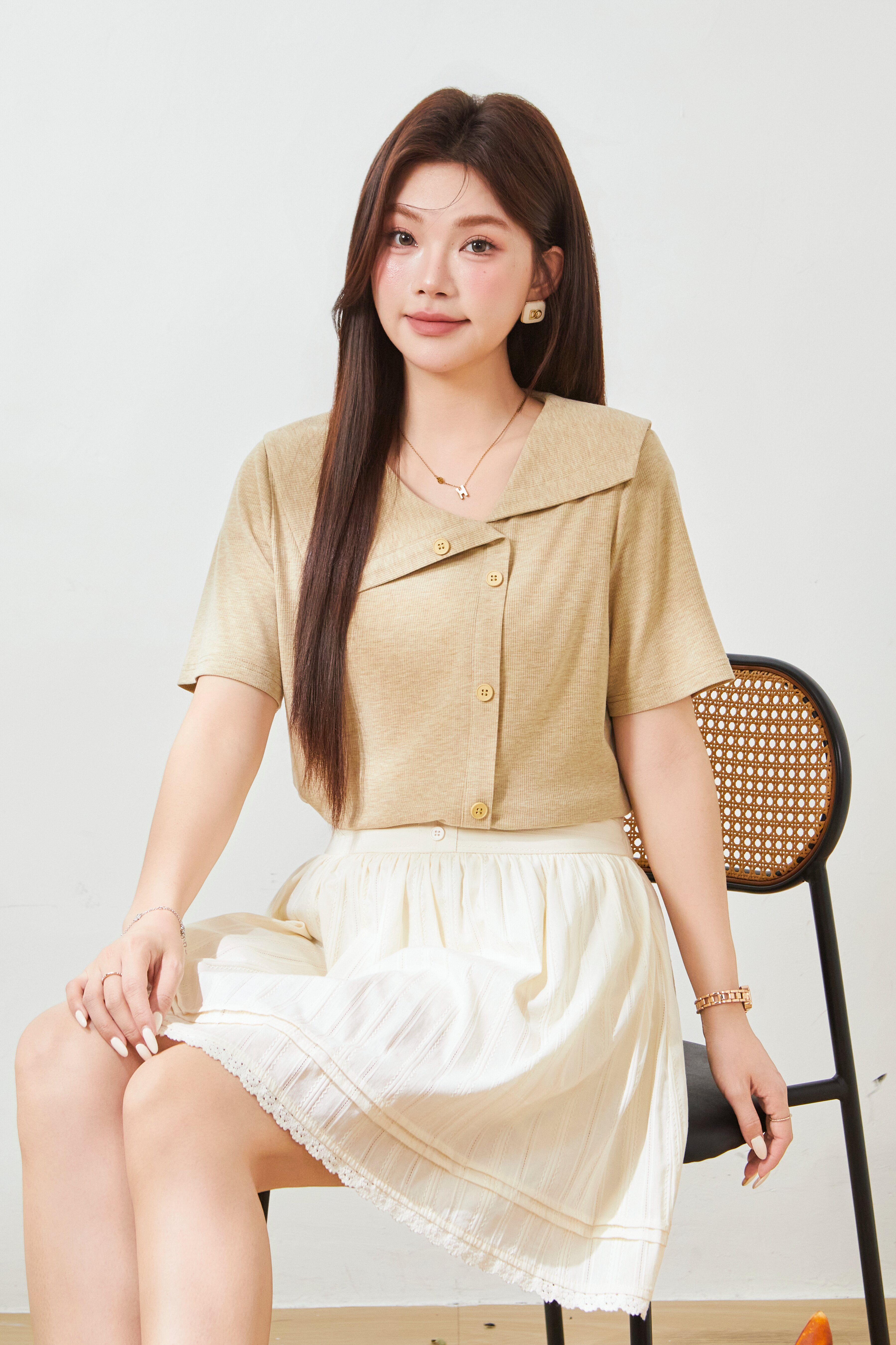 Flip collar chic slimming T-shirt FXZ9018