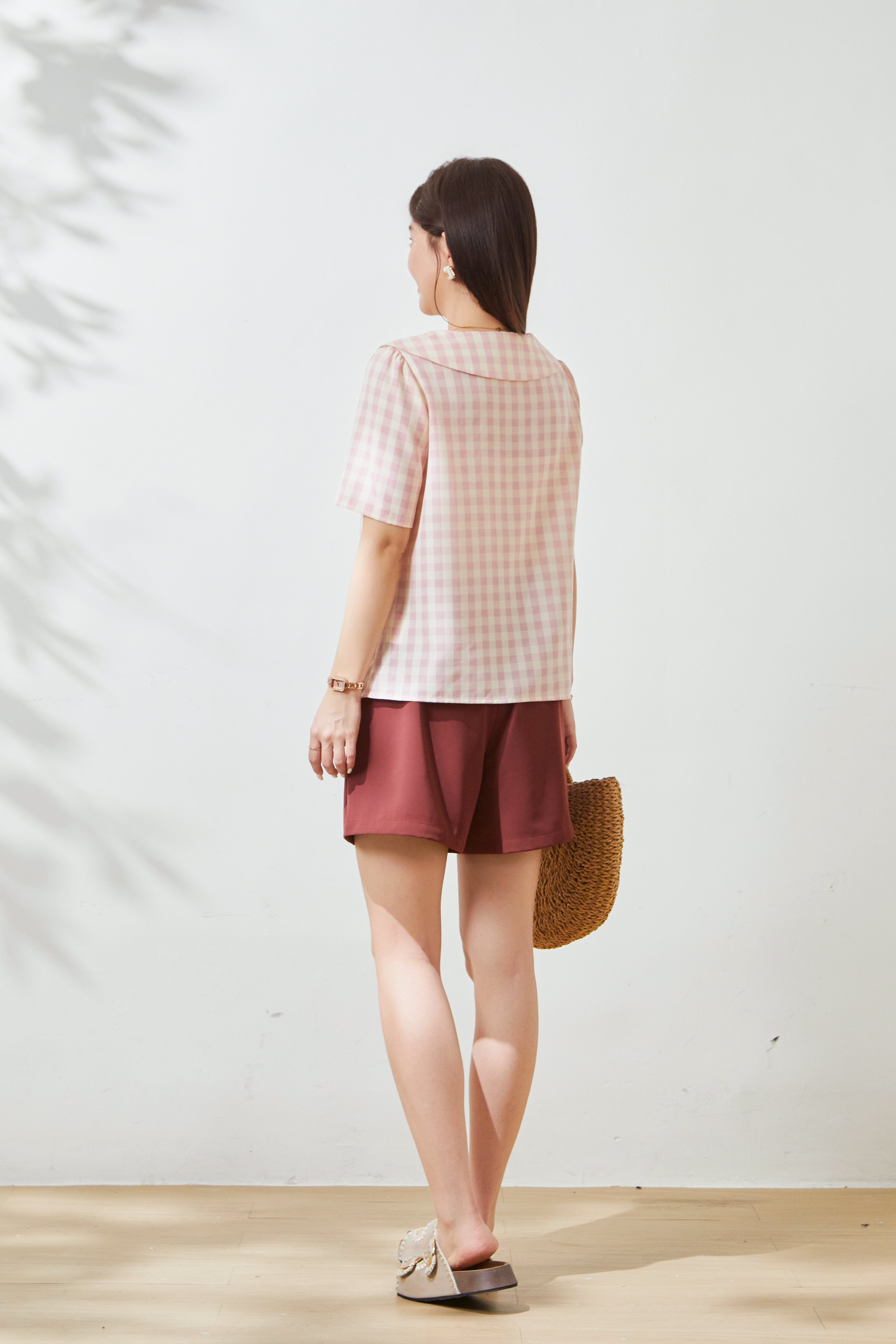 Bow plaid navy collar sweet shirt FXA9005