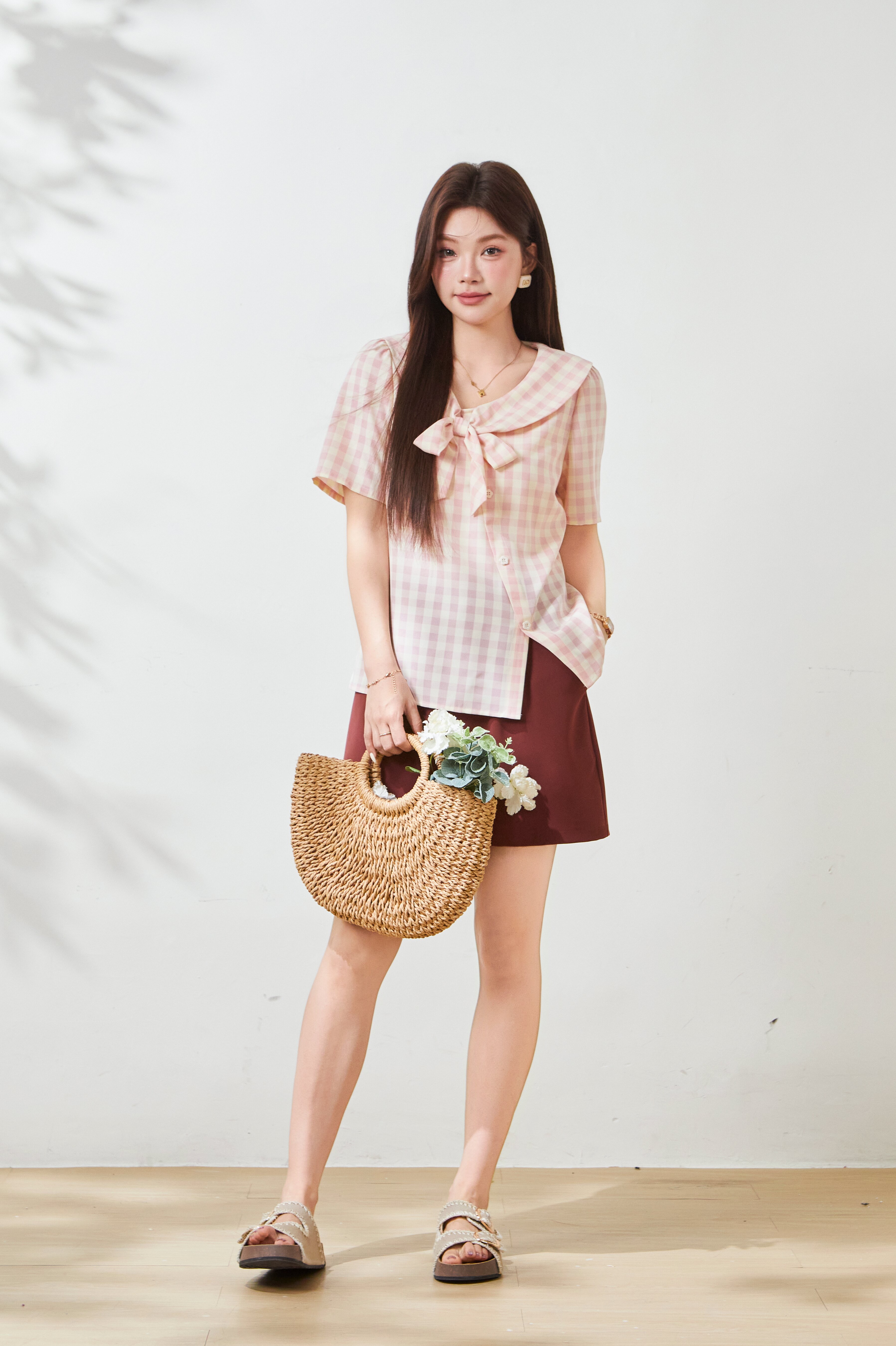 Bow plaid navy collar sweet shirt FXA9005