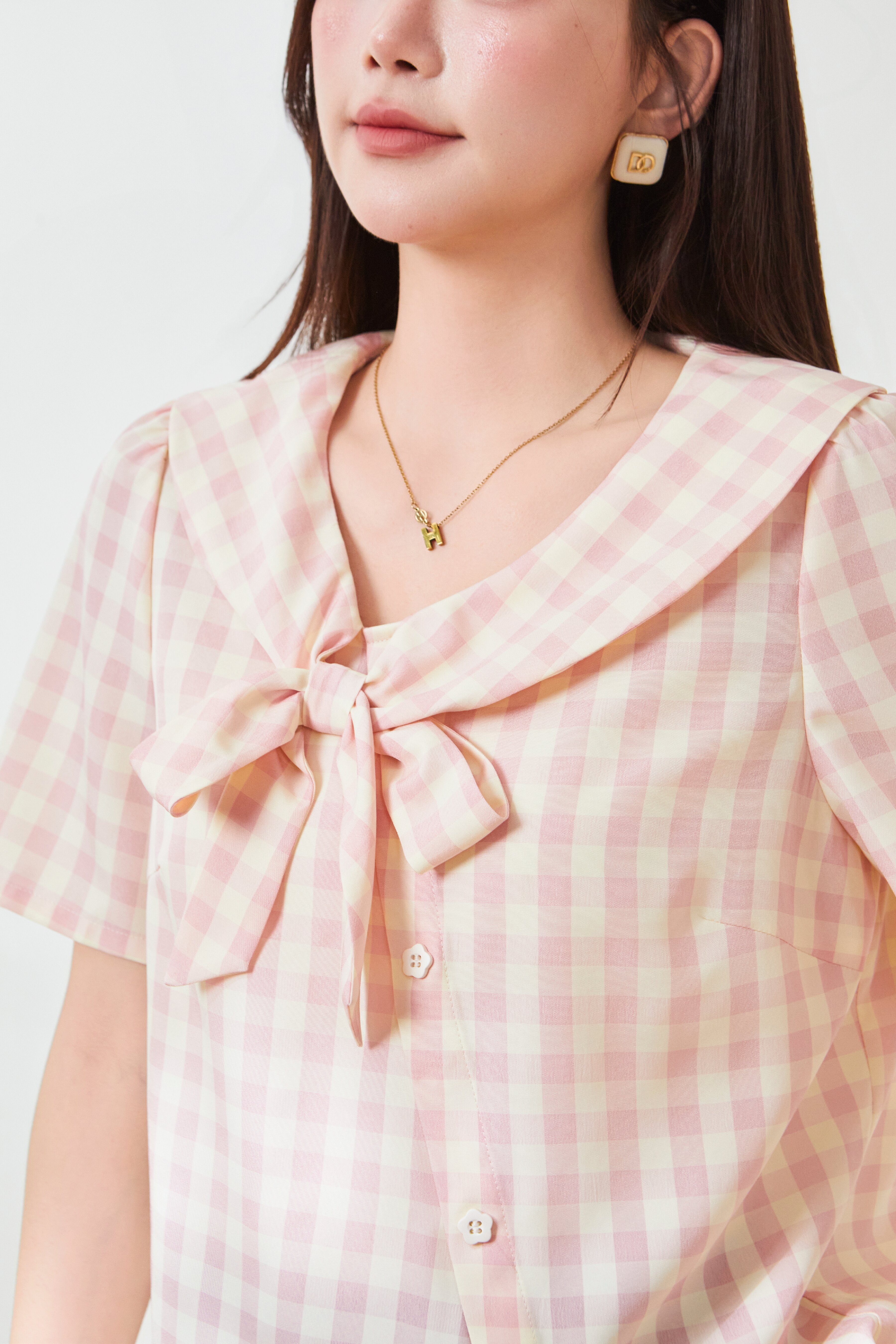 Bow plaid navy collar sweet shirt FXA9005