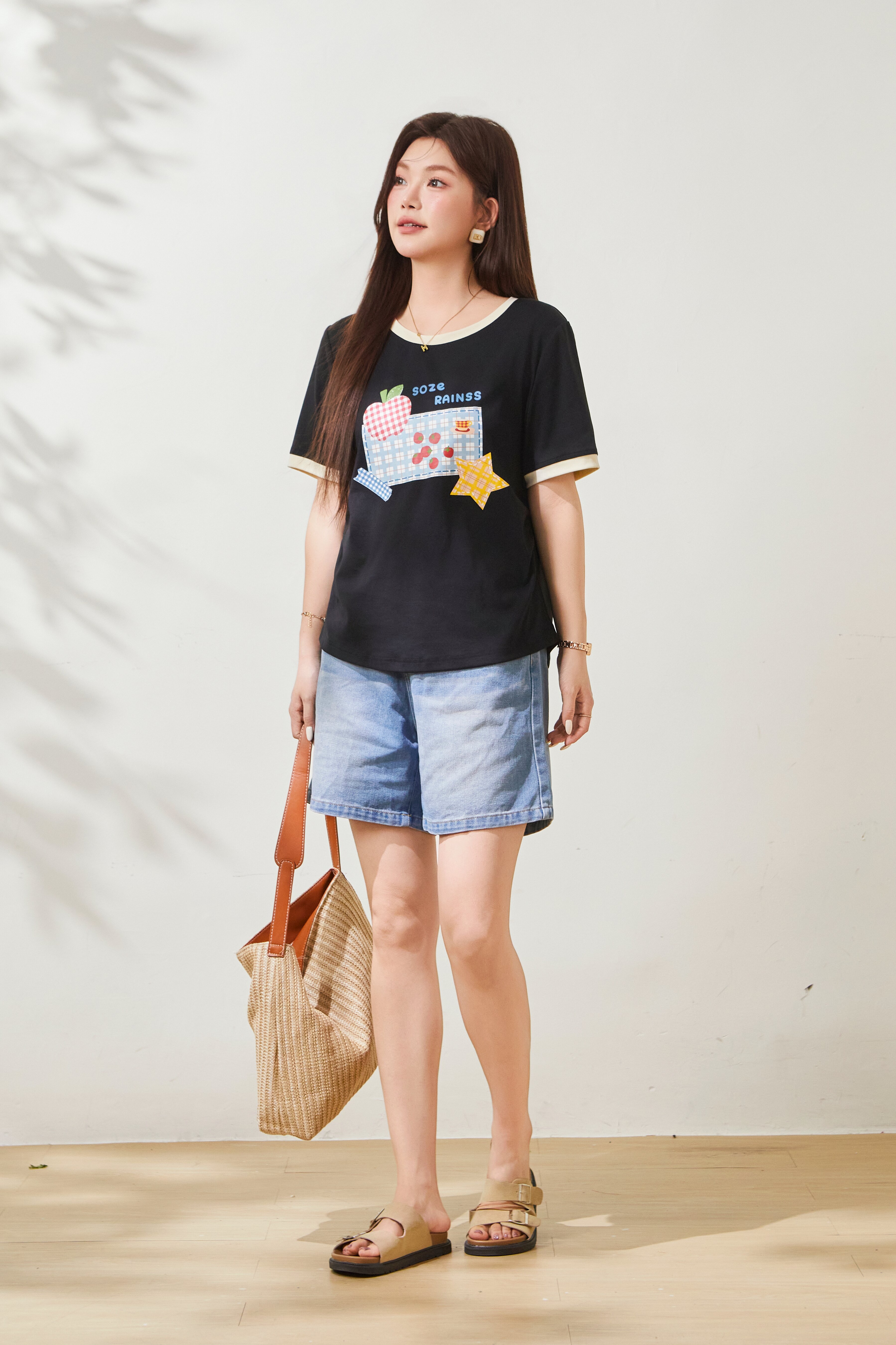 Fun Printed Color blocked Collar Waist T-shirt FXZ7083