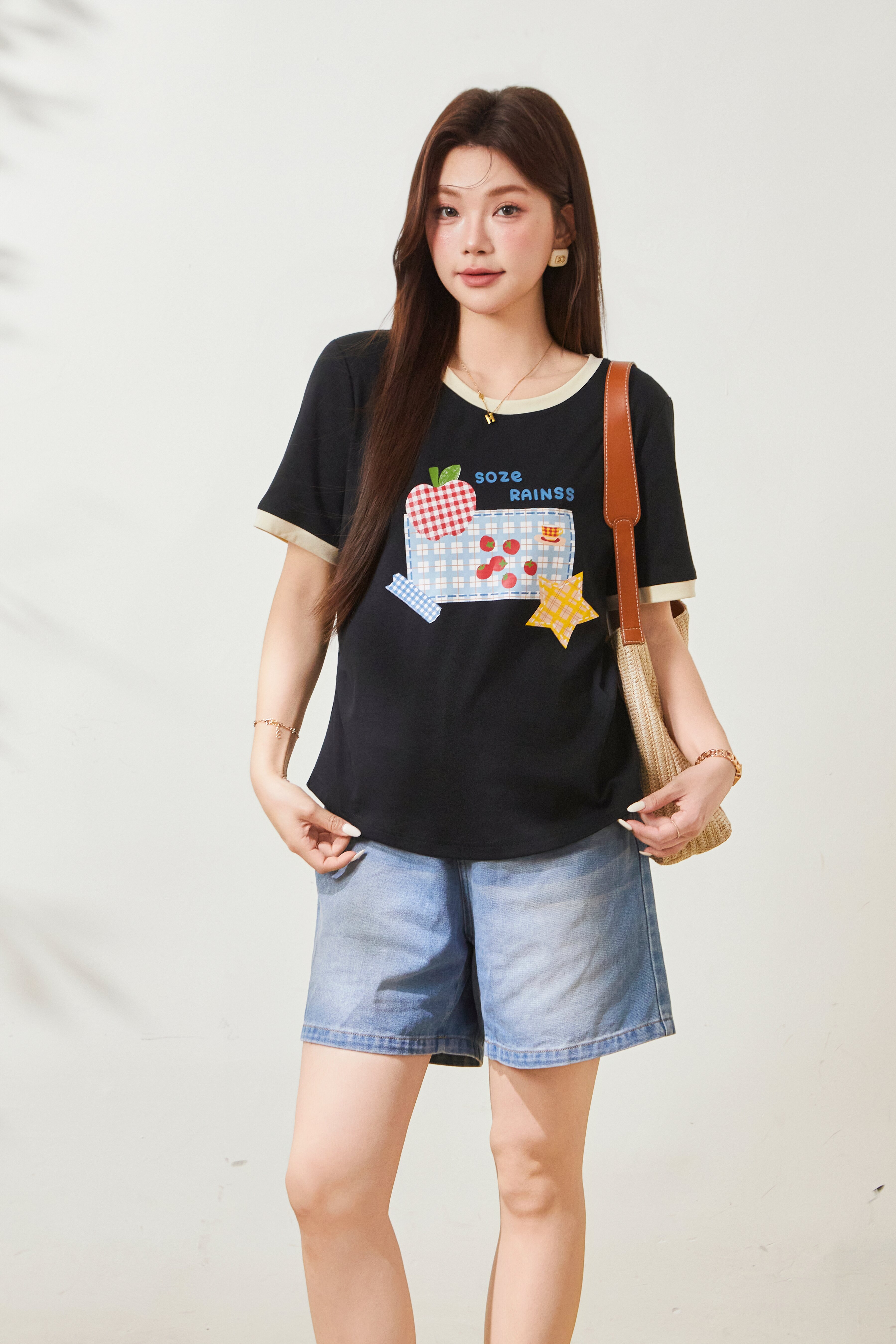 Fun Printed Color blocked Collar Waist T-shirt FXZ7083