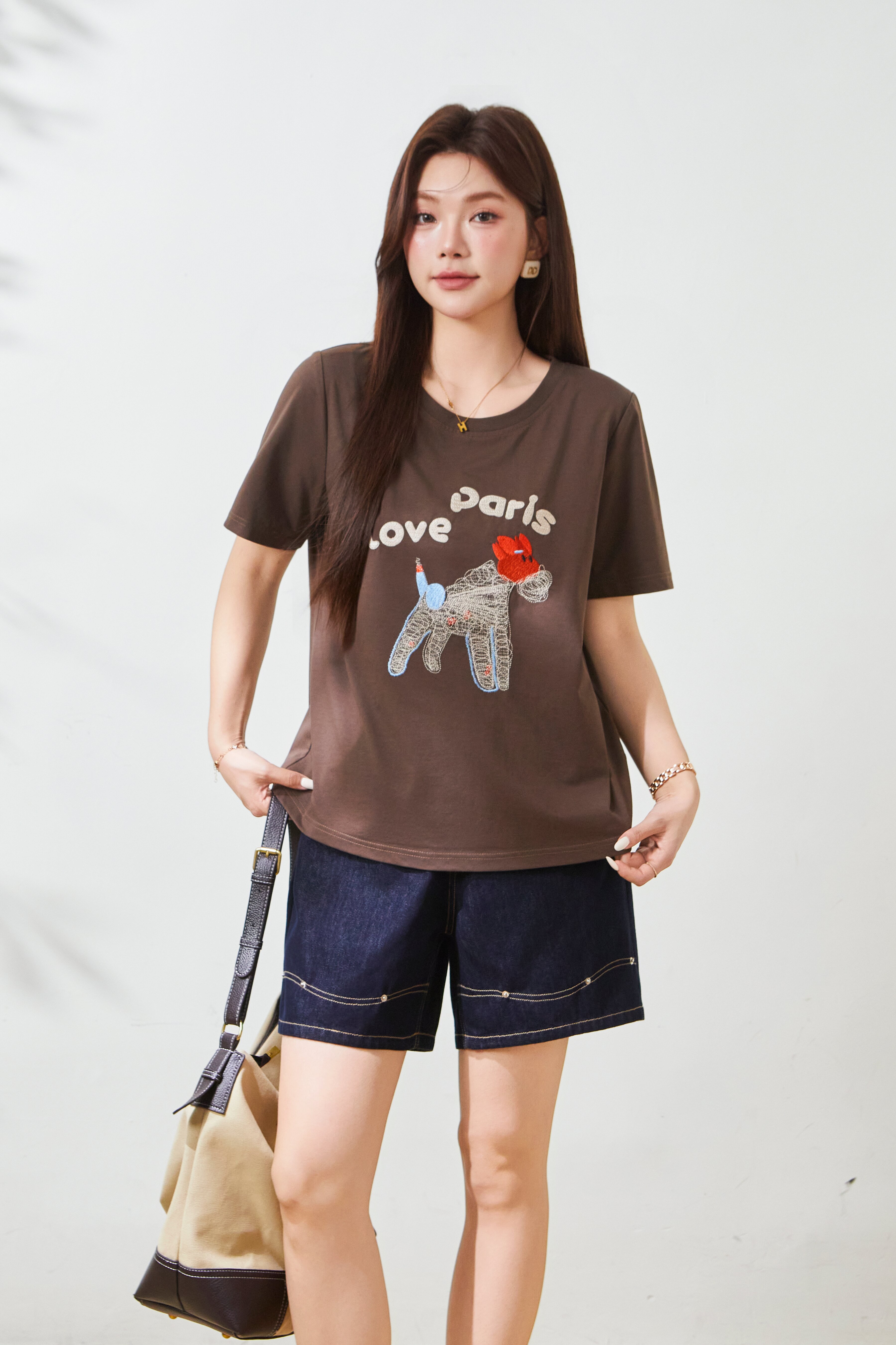 Cartoon embroidery skin friendly double-sided knitted T-shirt FXZ8017