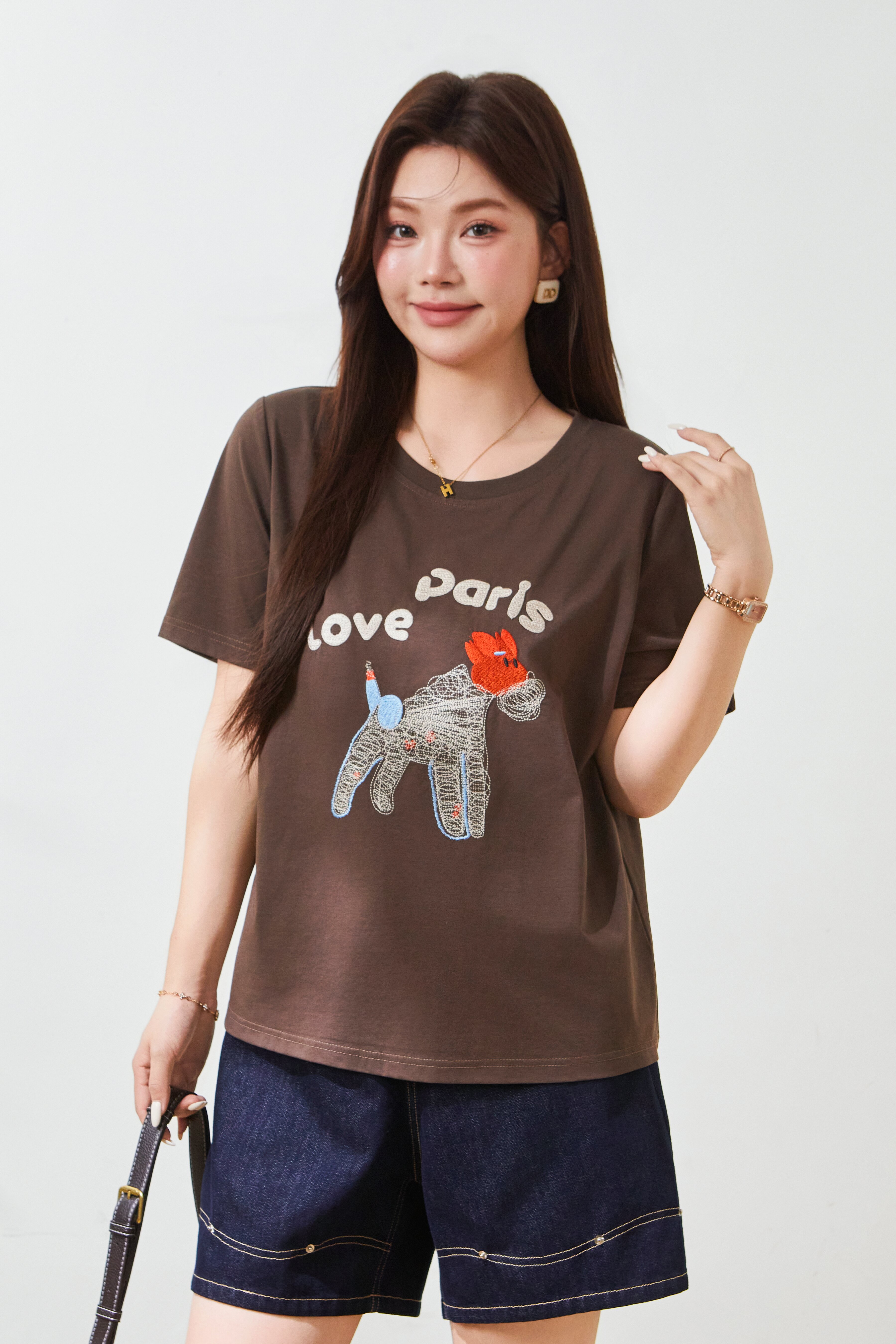 Cartoon embroidery skin friendly double-sided knitted T-shirt FXZ8017