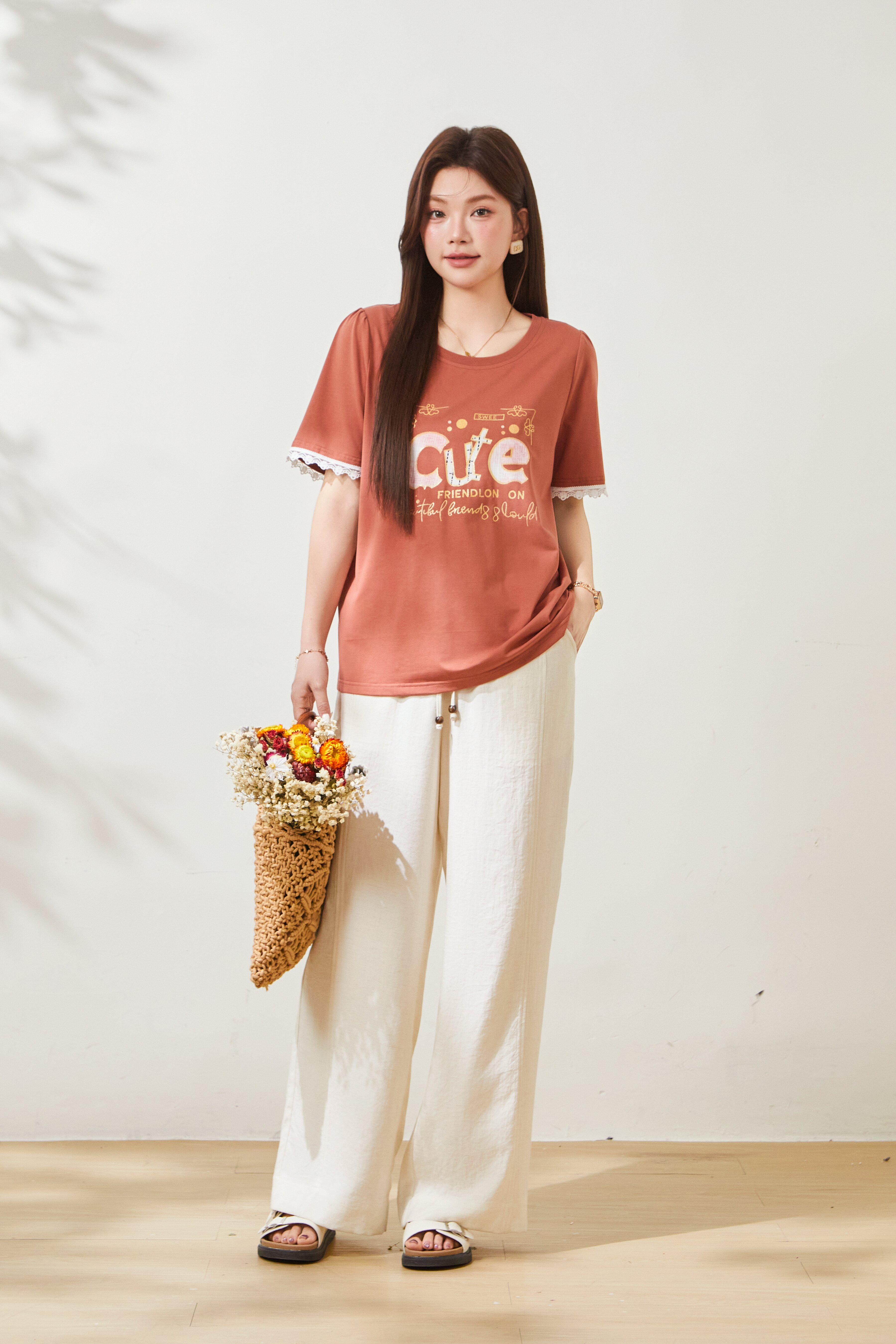 Round neck letter printed lace ruffle sleeve T-shirt FXZ8087