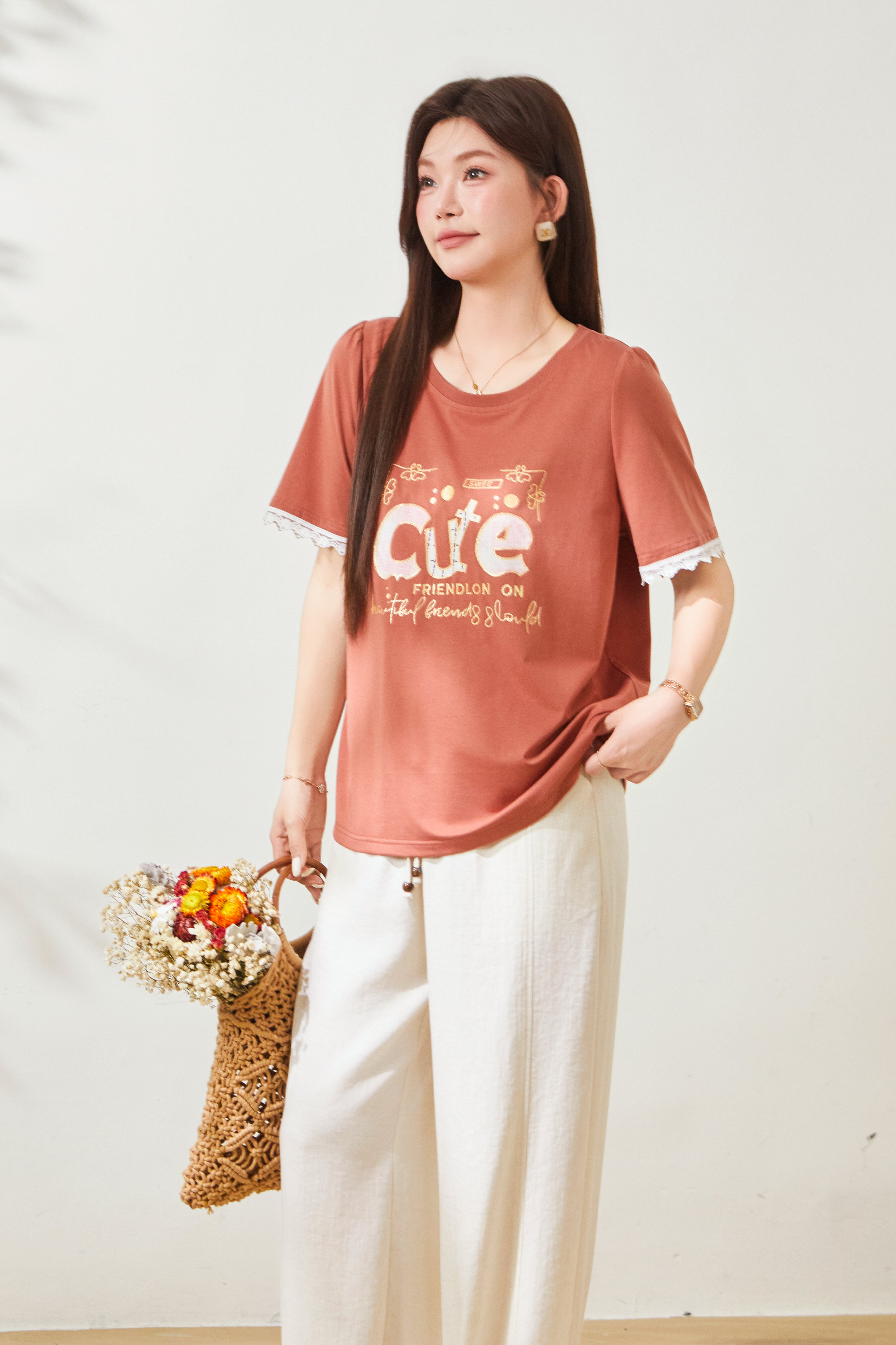 Round neck letter printed lace ruffle sleeve T-shirt FXZ8087
