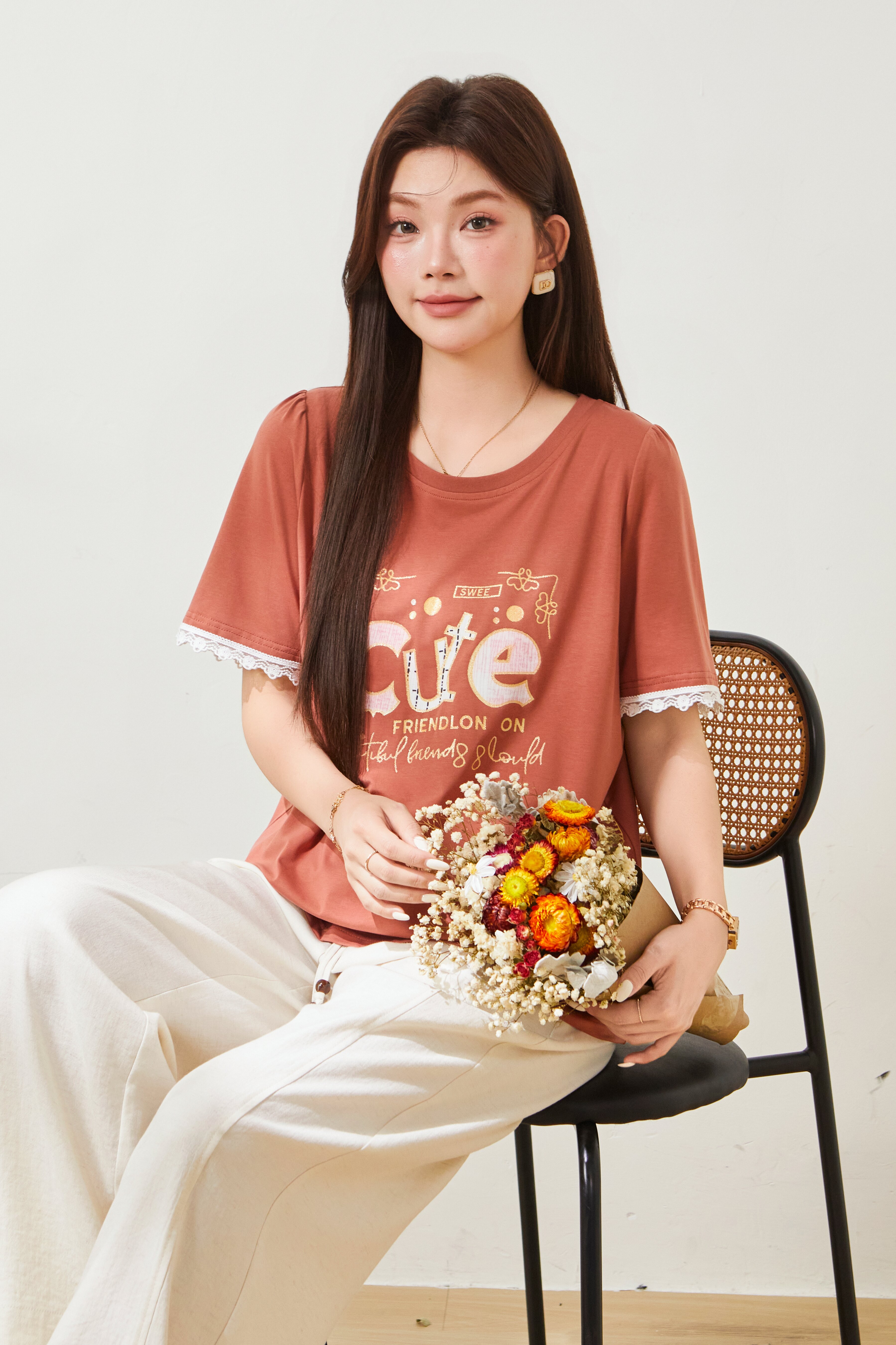 Round neck letter printed lace ruffle sleeve T-shirt FXZ8087