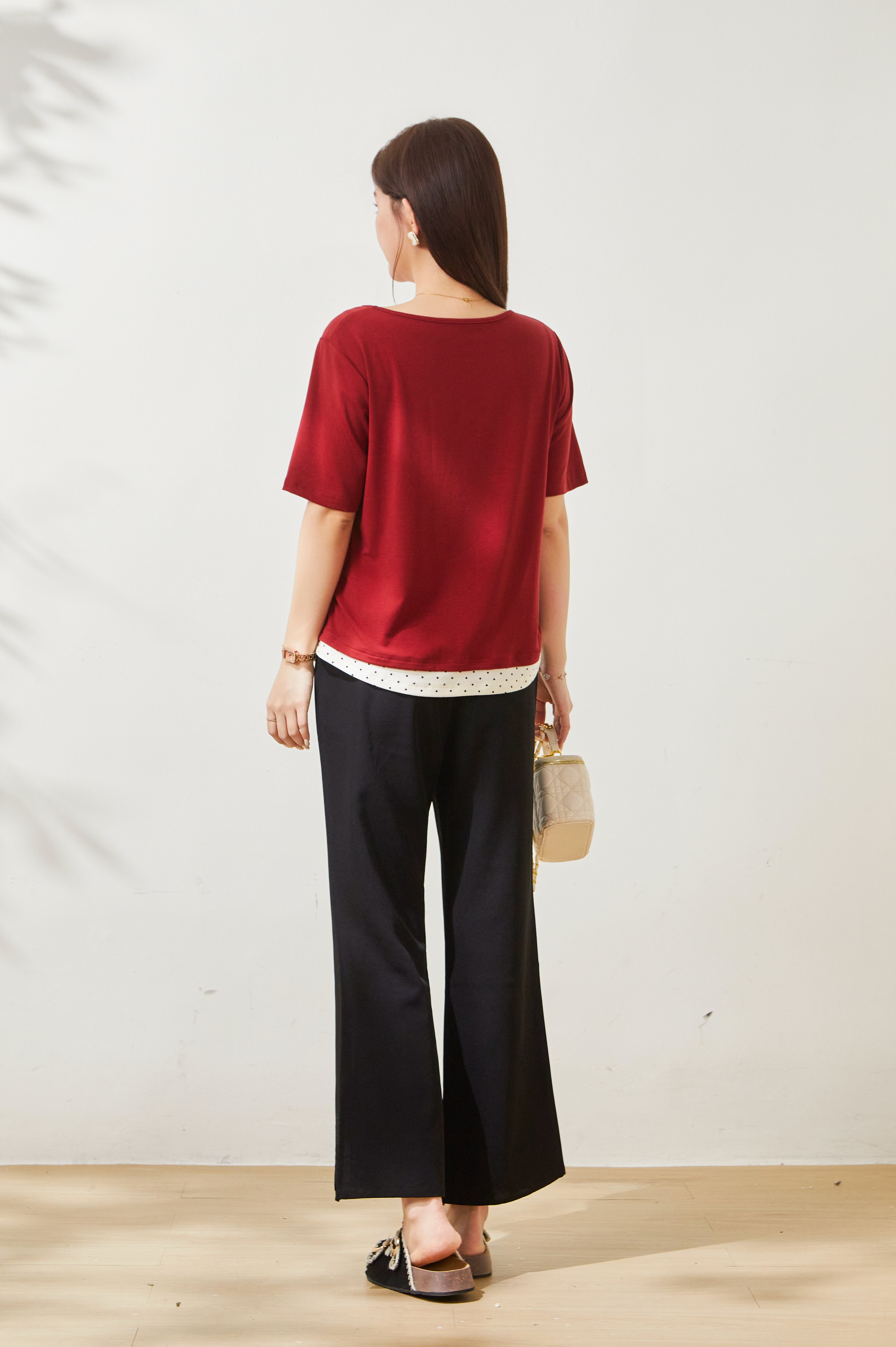 Color blocking splicing fake two-piece waist cinching T-shirt FXZ8075