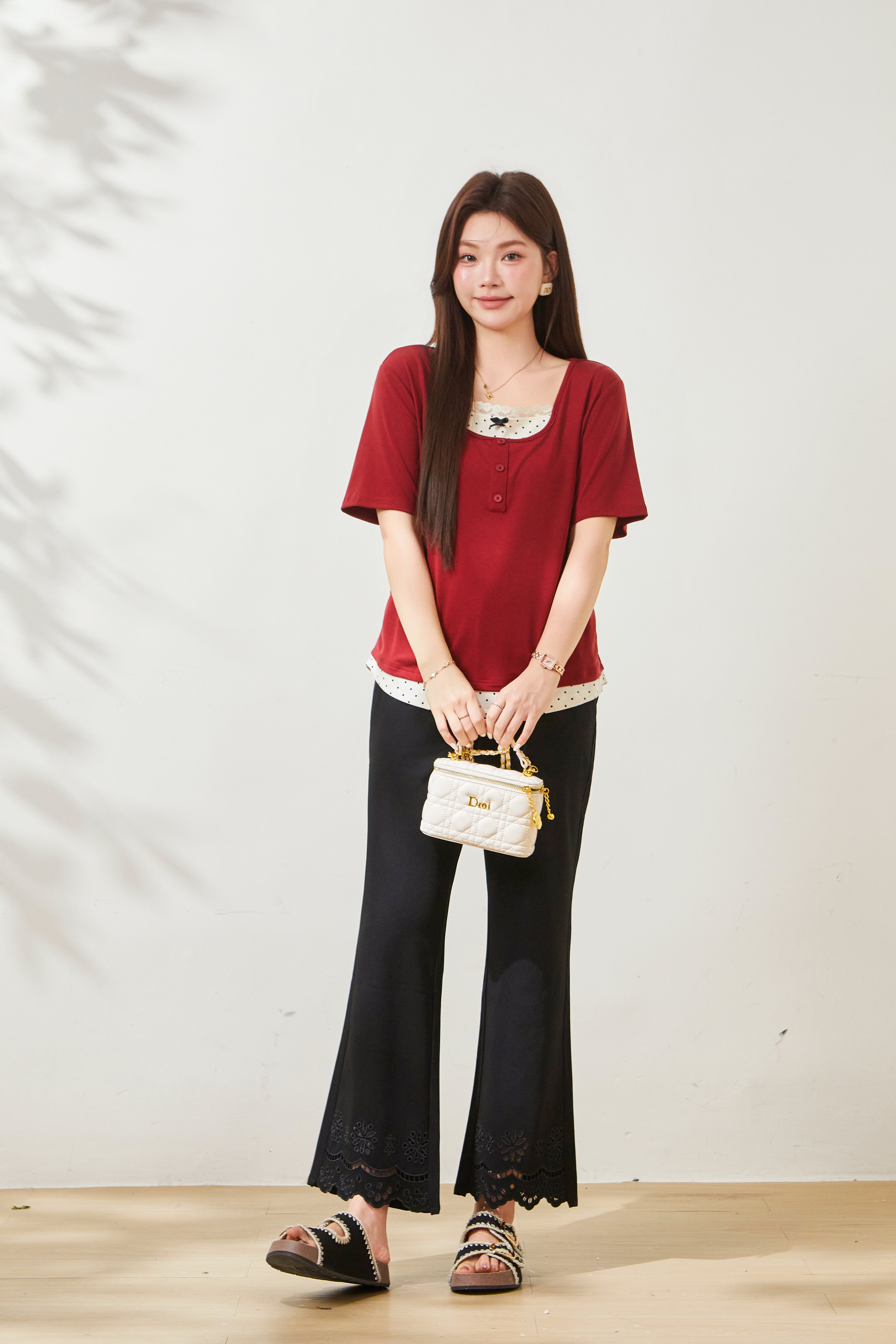 Color blocking splicing fake two-piece waist cinching T-shirt FXZ8075