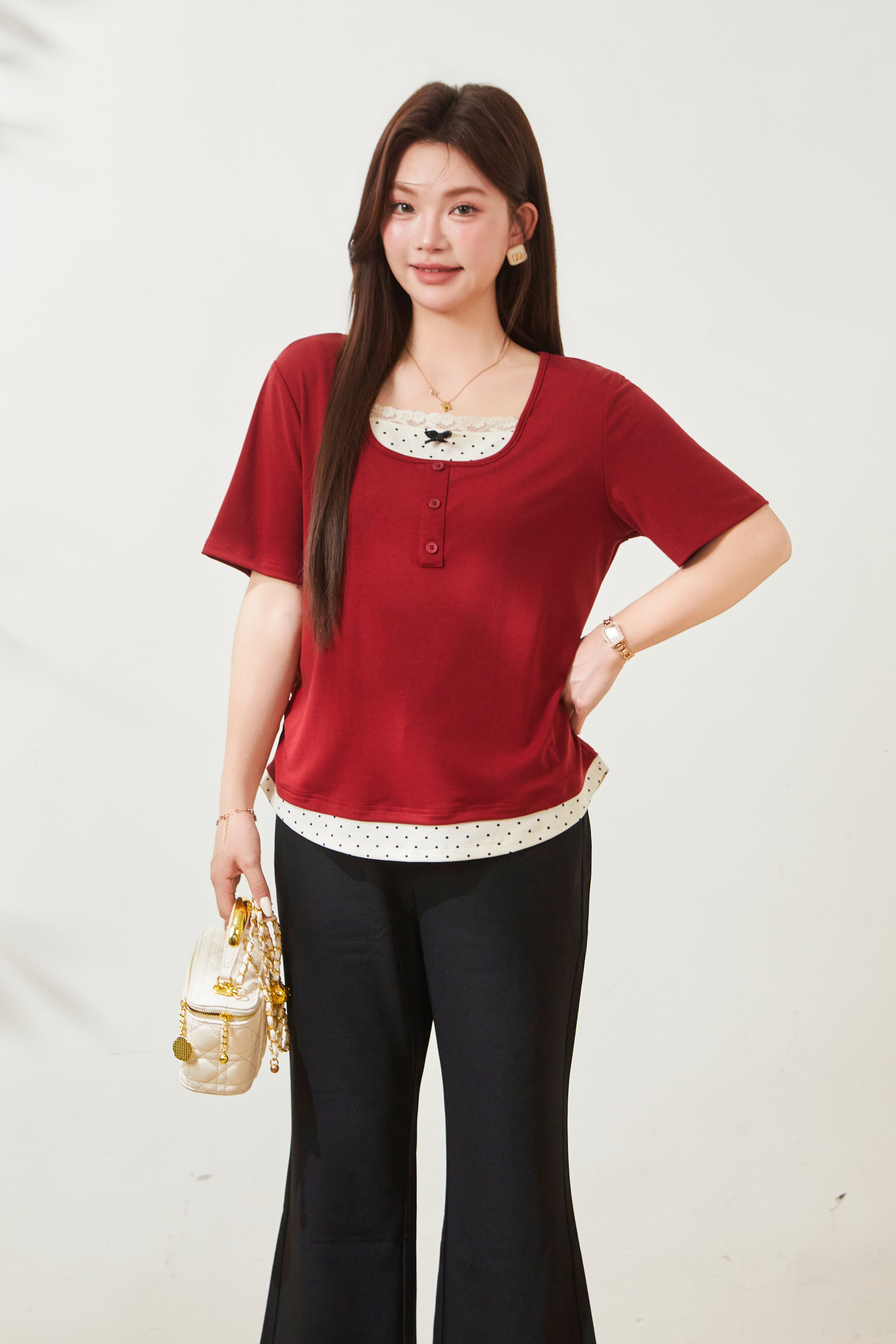 Color blocking splicing fake two-piece waist cinching T-shirt FXZ8075