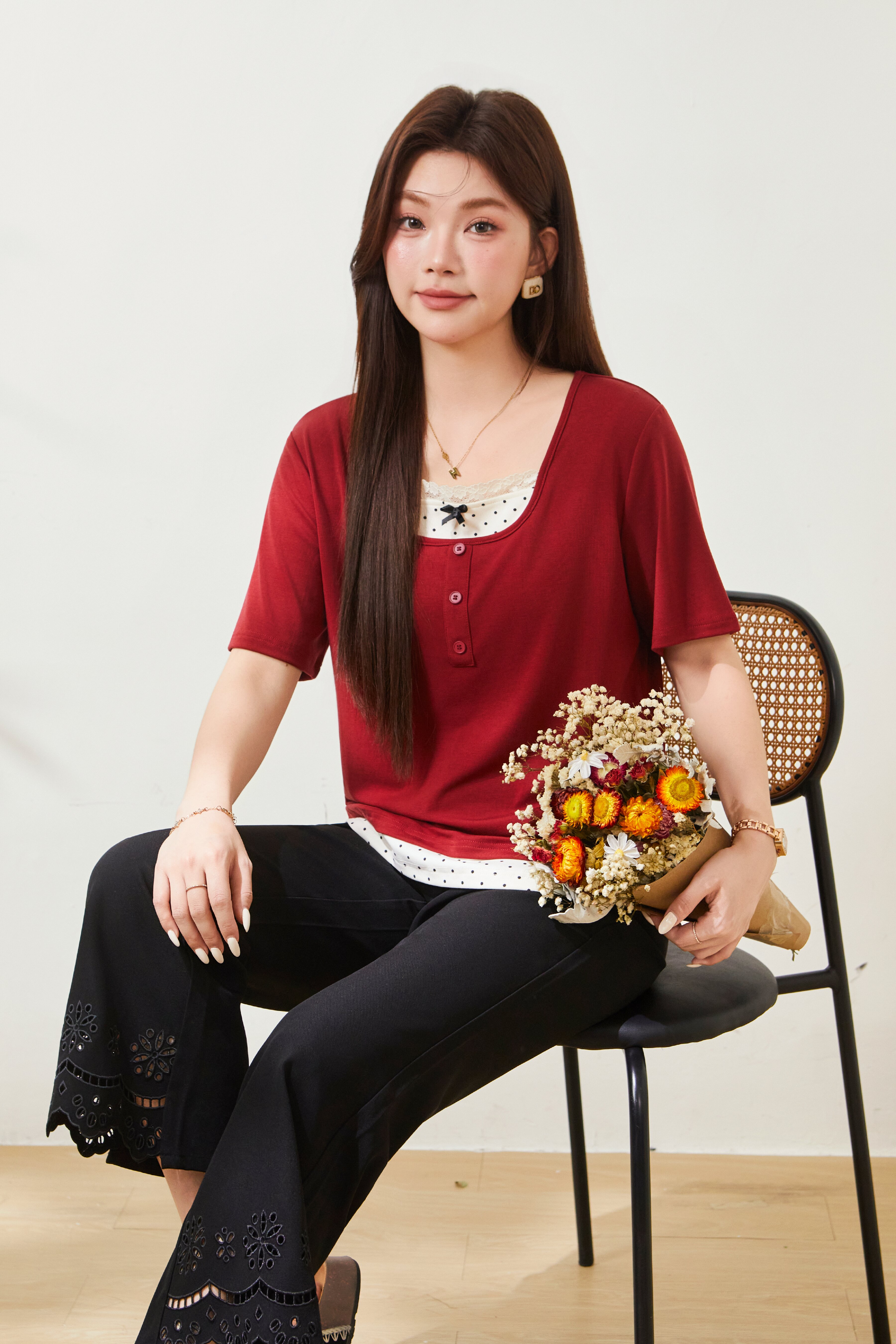 Color blocking splicing fake two-piece waist cinching T-shirt FXZ8075