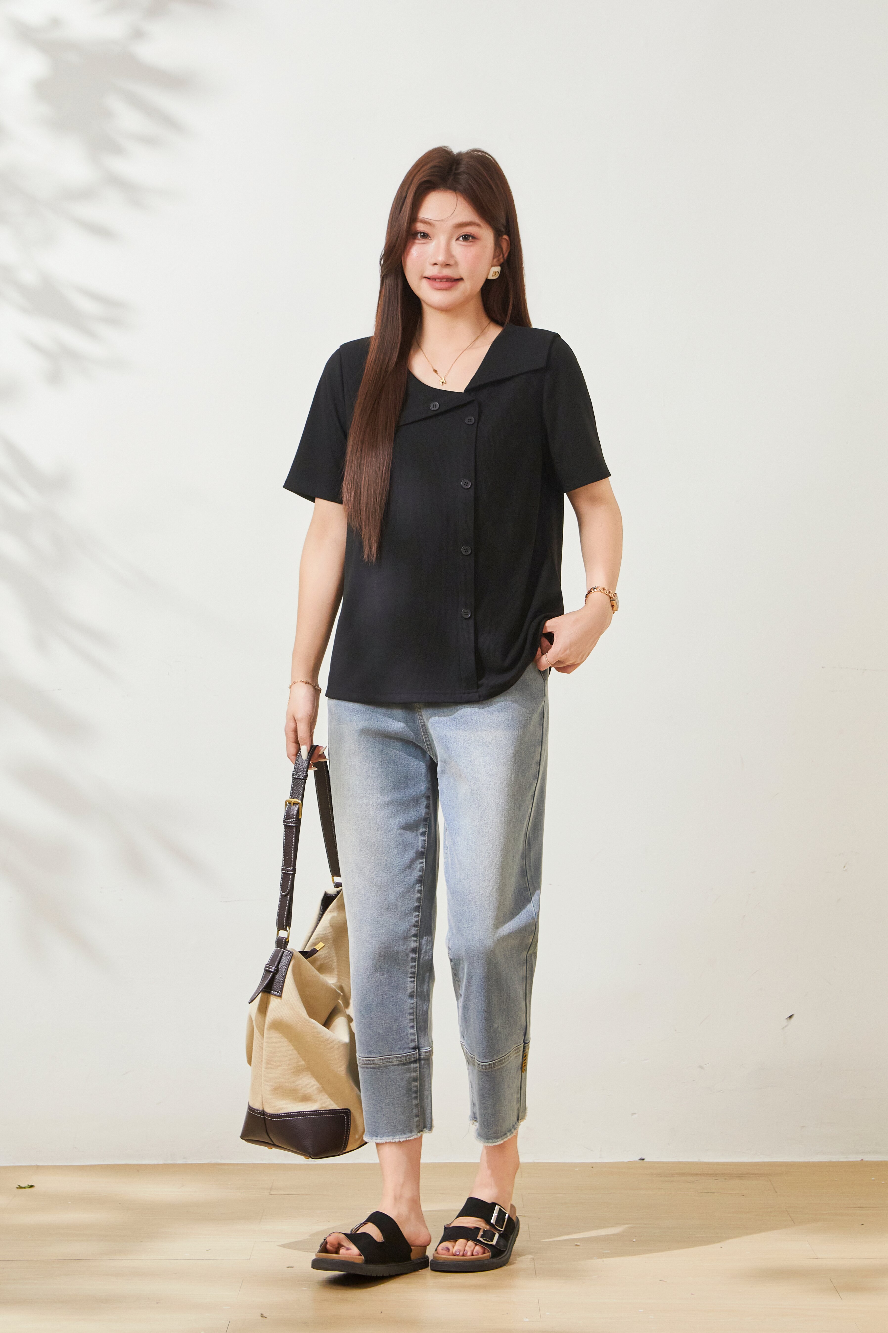 Flip collar chic slimming T-shirt FXZ9018