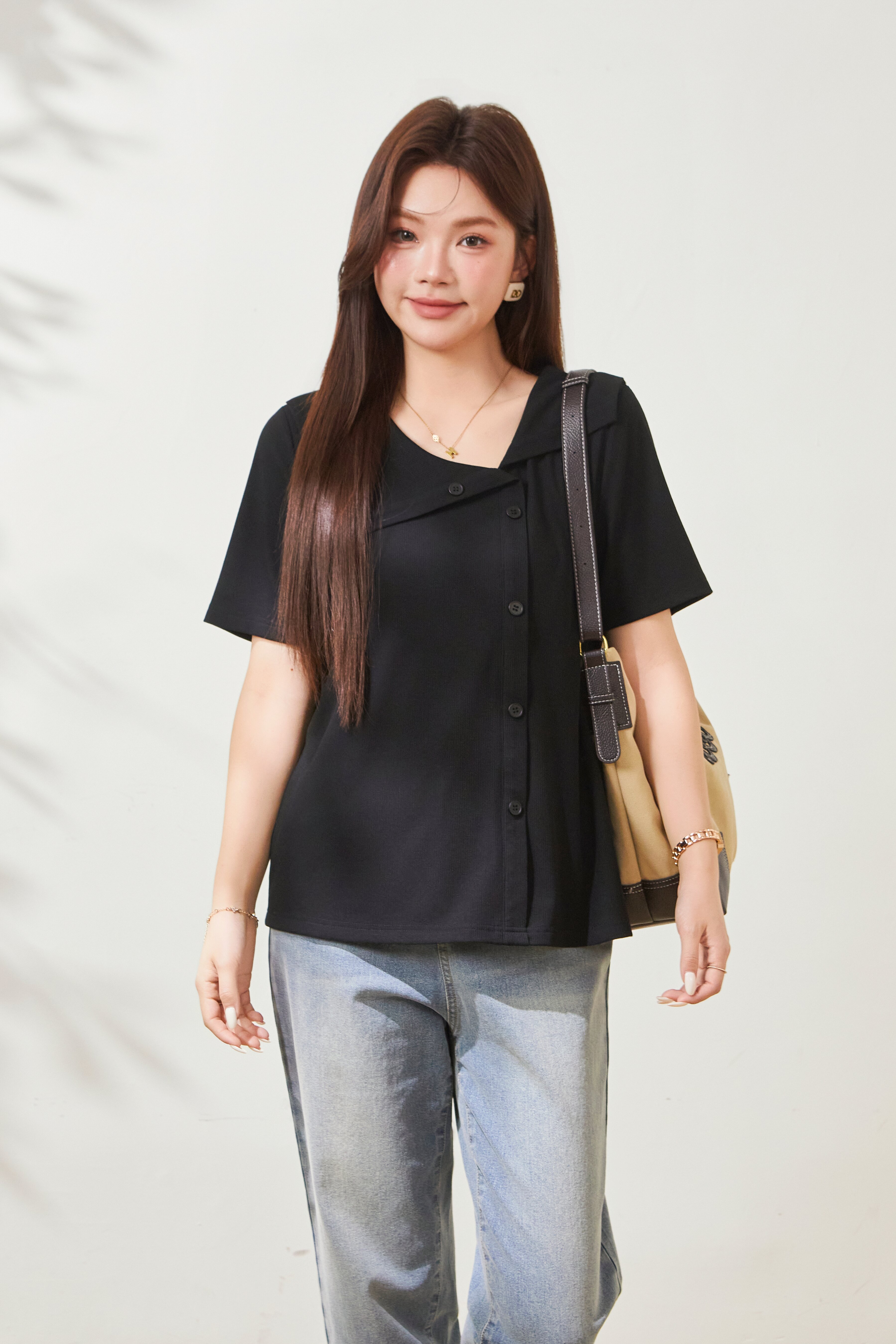 Flip collar chic slimming T-shirt FXZ9018