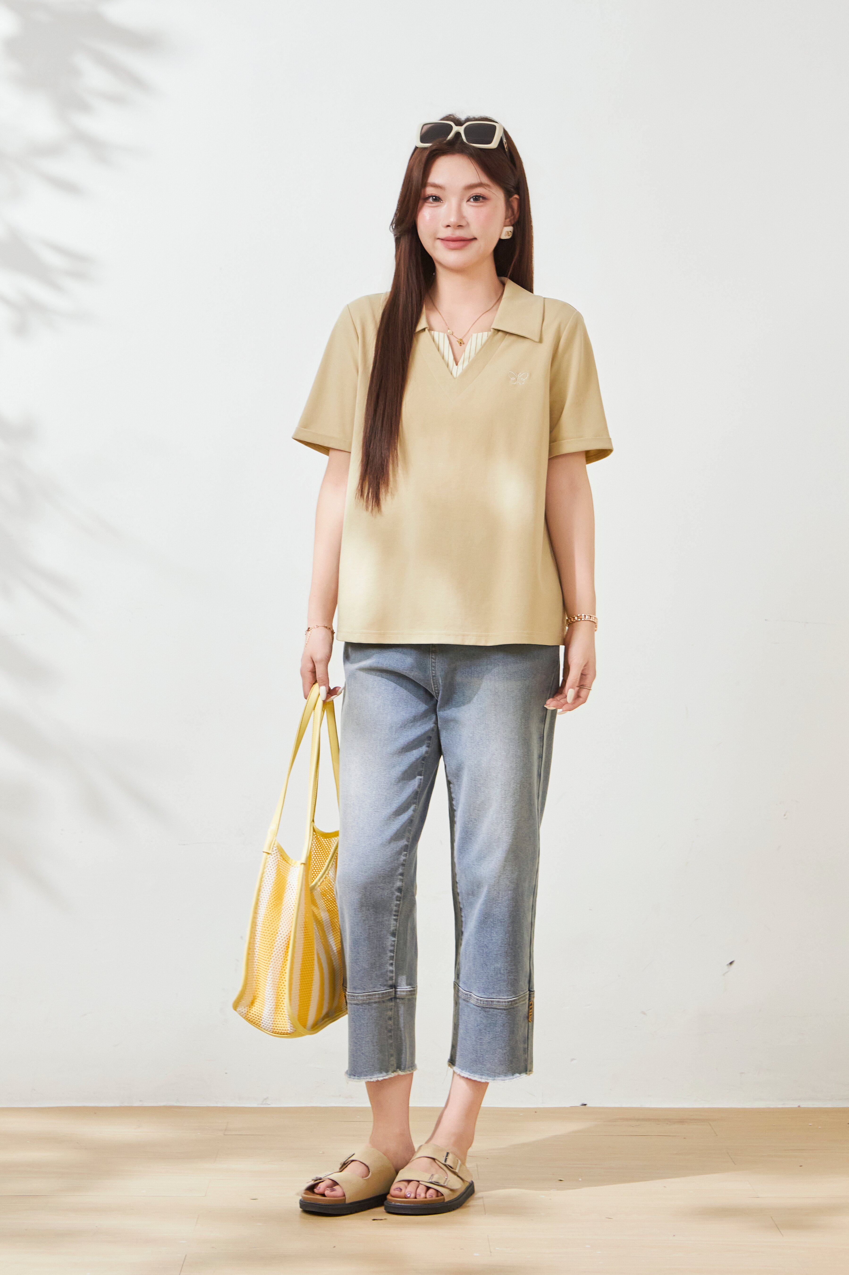 POLO collar embroidered striped V-neck T-shirt FXZ8077