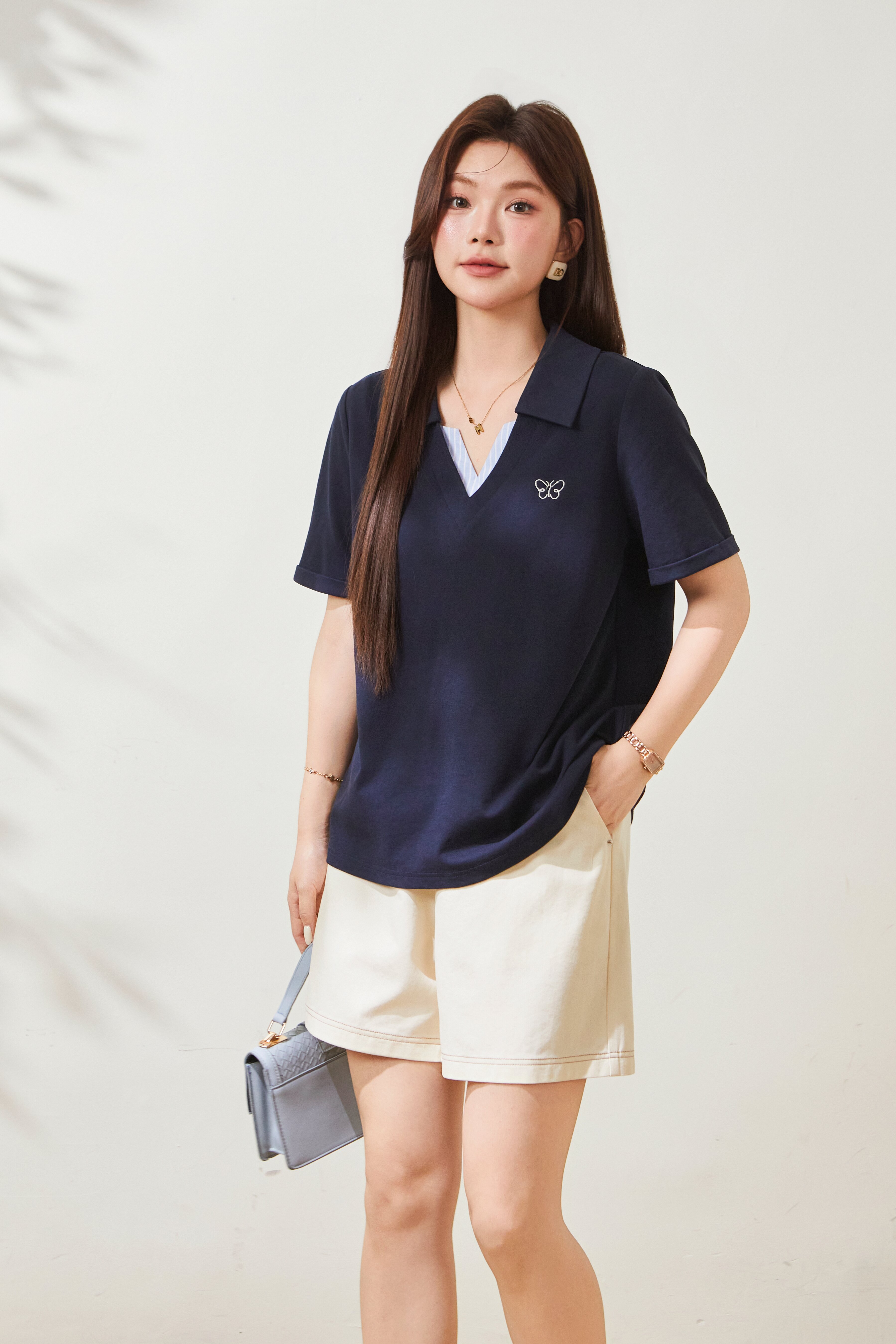 POLO collar embroidered striped V-neck T-shirt FXZ8077