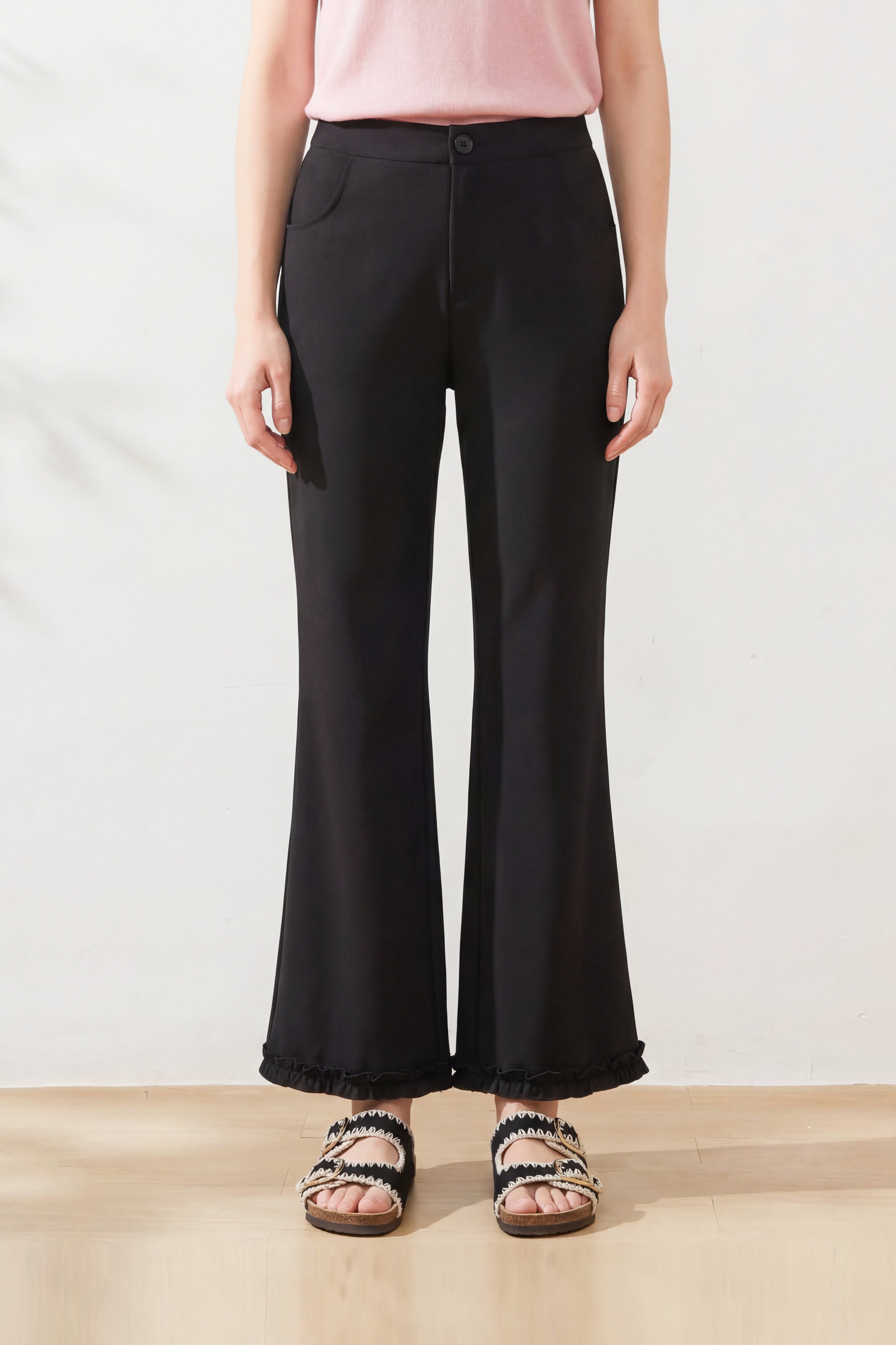 High waisted slightly flared ankle ruffled casual pants FXK8012