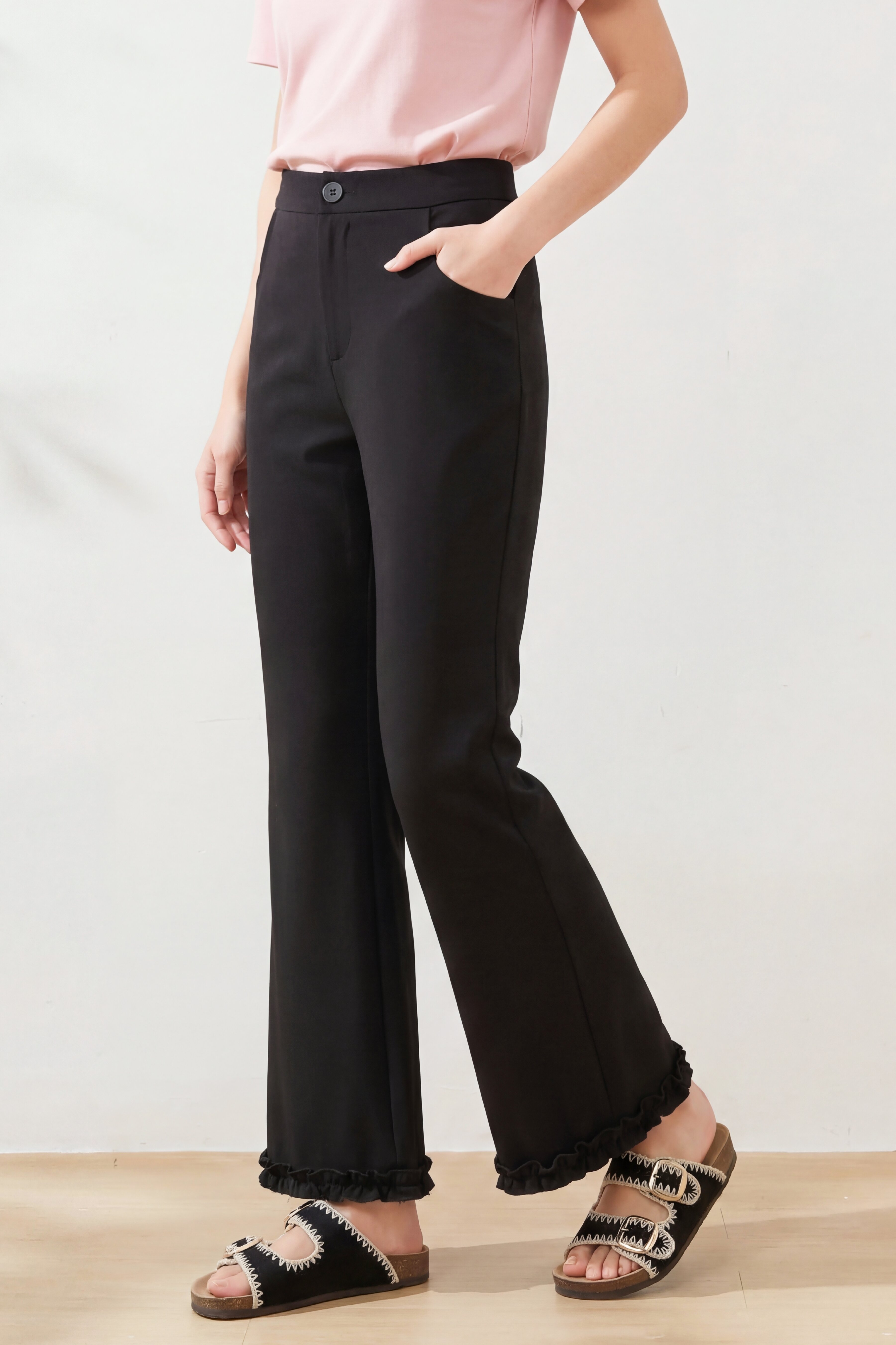 High waisted slightly flared ankle ruffled casual pants FXK8012