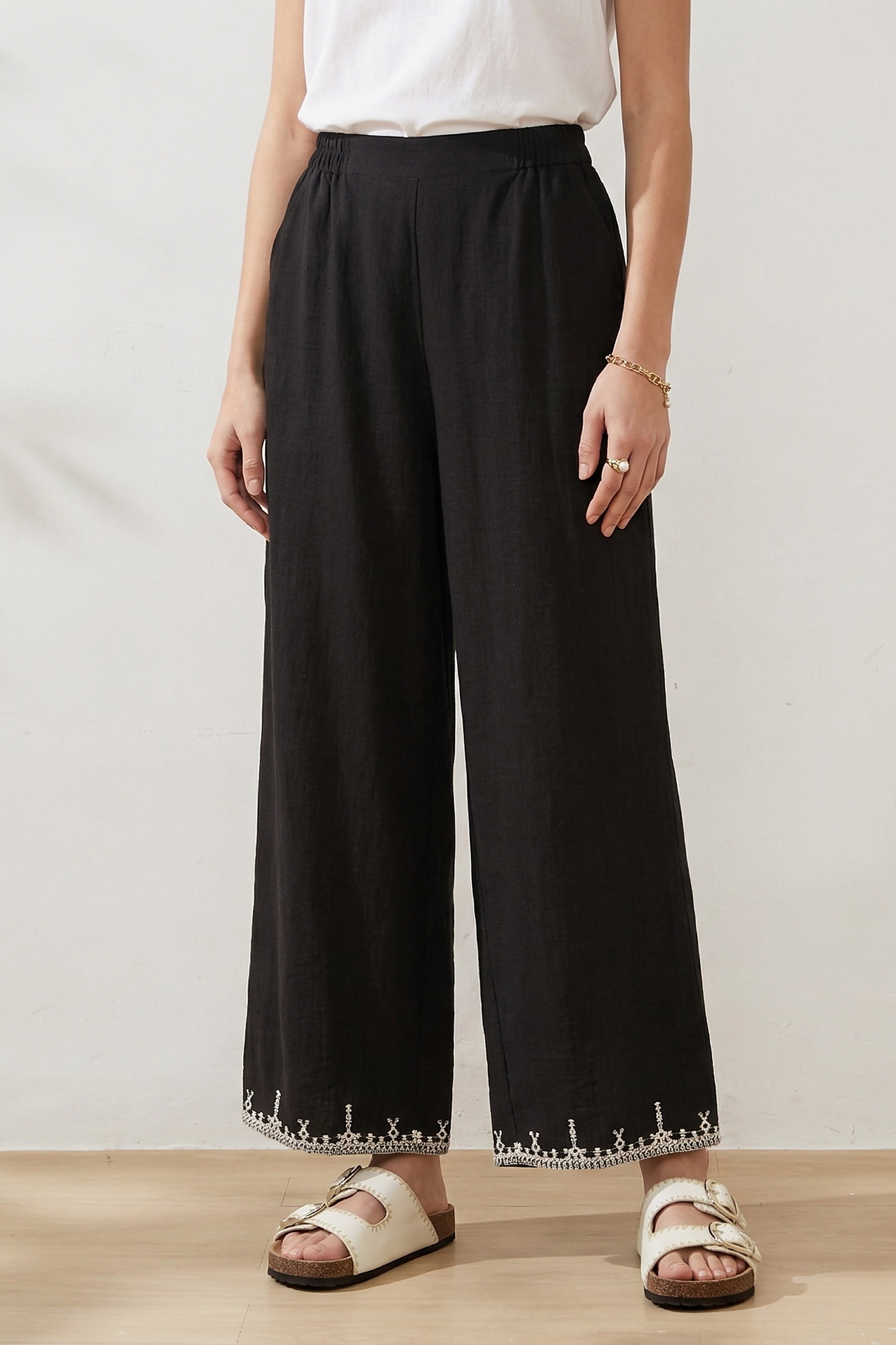 Retro style embroidery imitation bamboo knot hemp nine cent casual pants FXK8055
