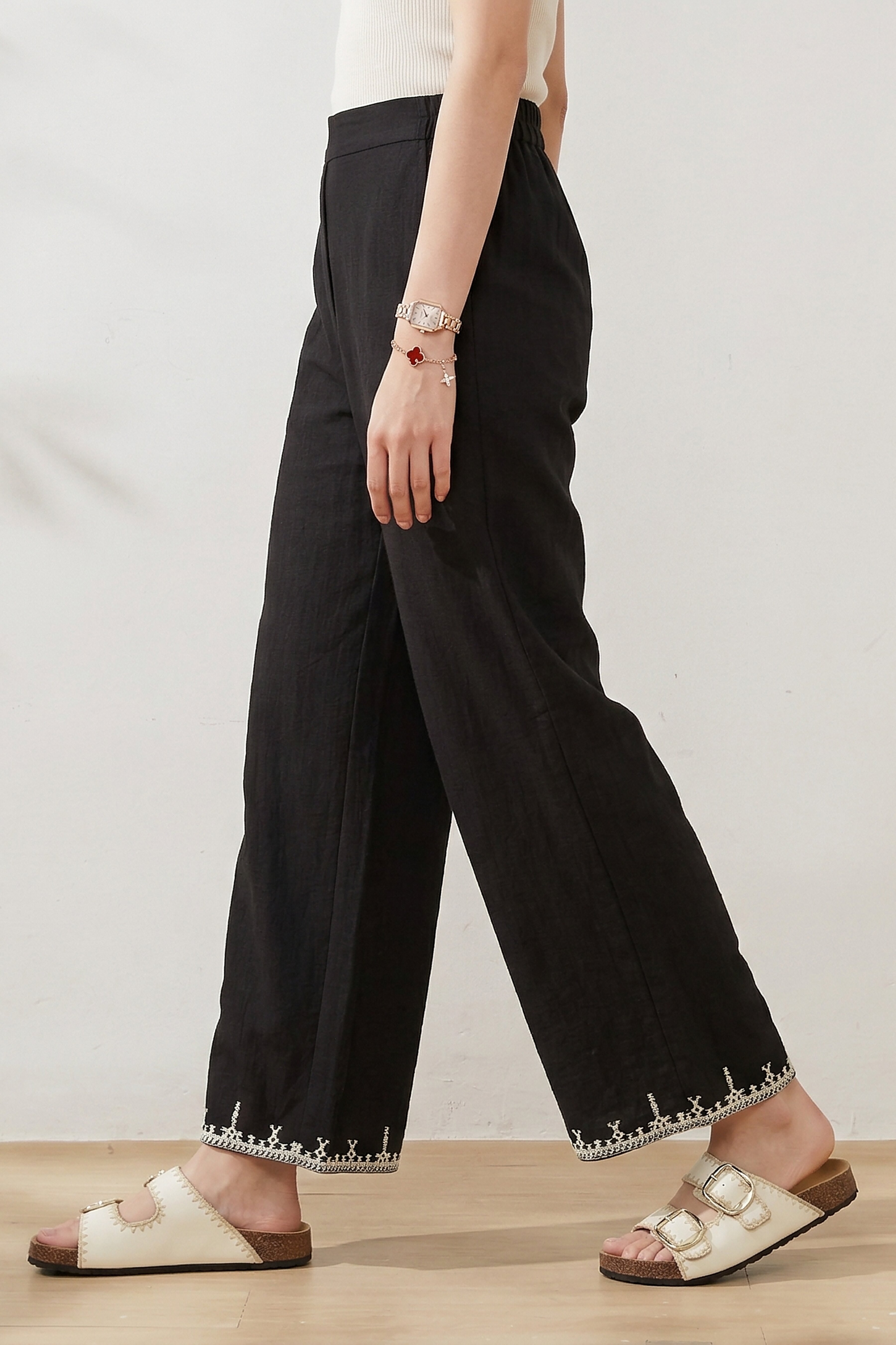 Retro style embroidery imitation bamboo knot hemp nine cent casual pants FXK8055