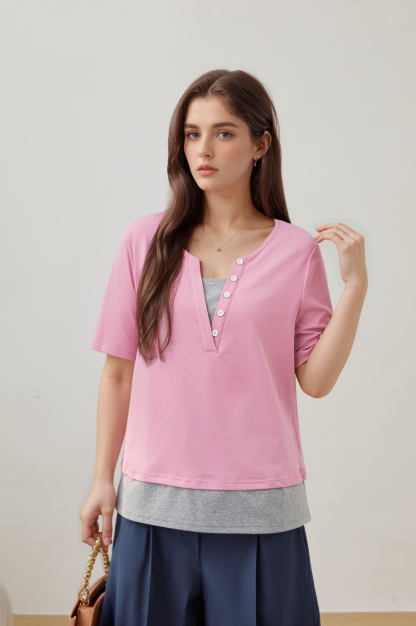 Patchwork Fake Two-Piece French Style T-Shirt DXZ1256