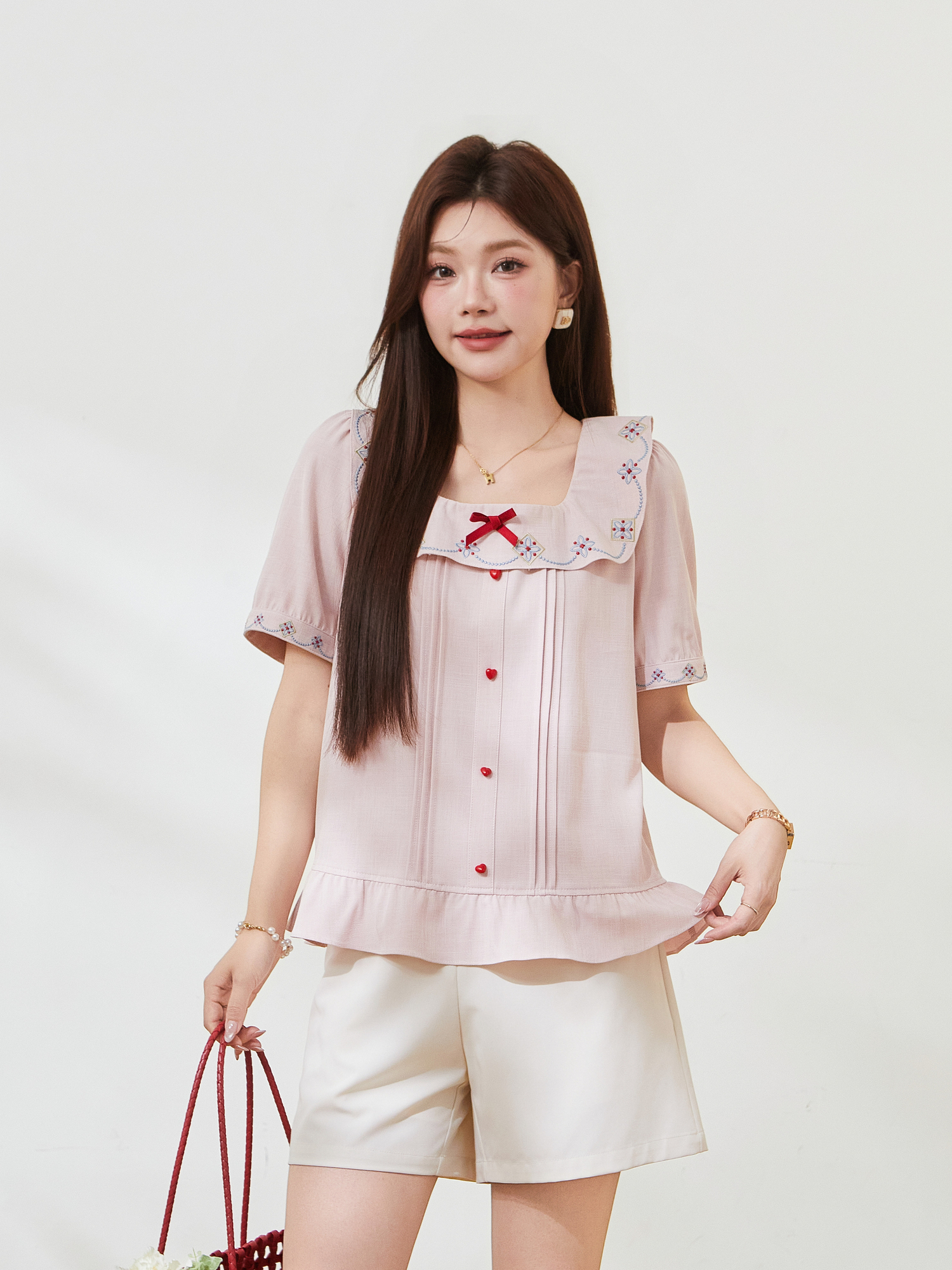 Vintage embroidery lotus leaf square neck shirt FXA7500