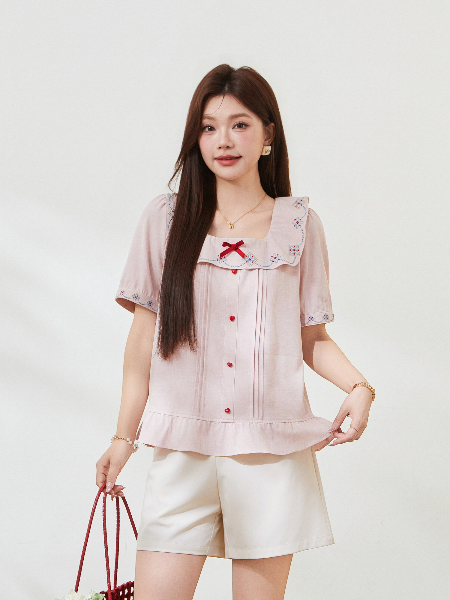 Vintage embroidery lotus leaf square neck shirt FXA7500