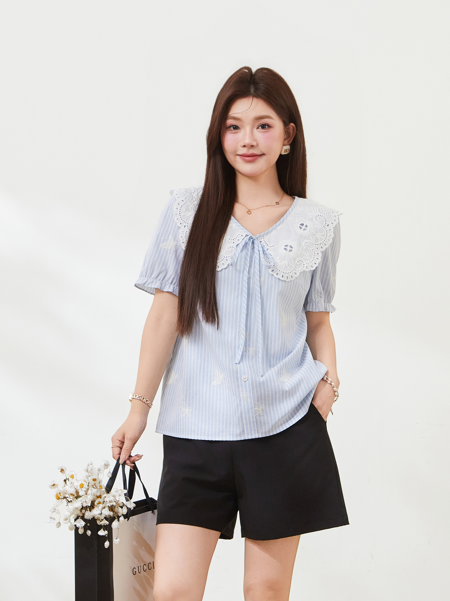 French retro doll collar striped embroidered top，FXA7311