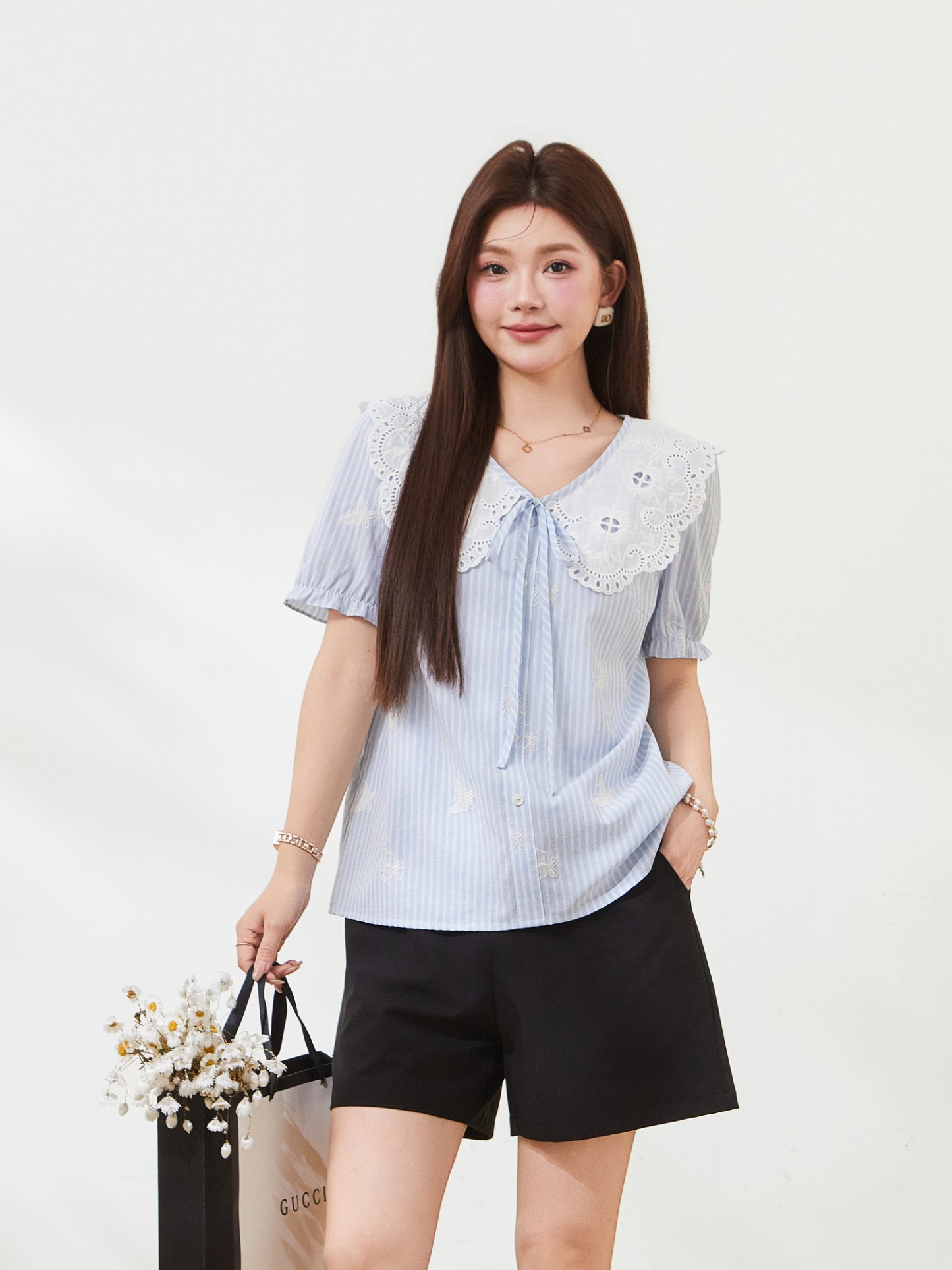 French retro doll collar striped embroidered top，FXA7311