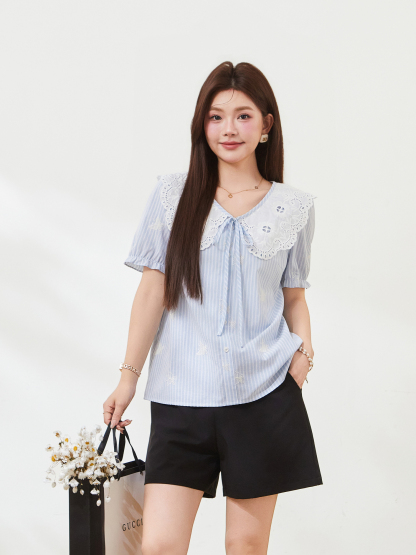 French retro doll collar striped embroidered top，FXA7311